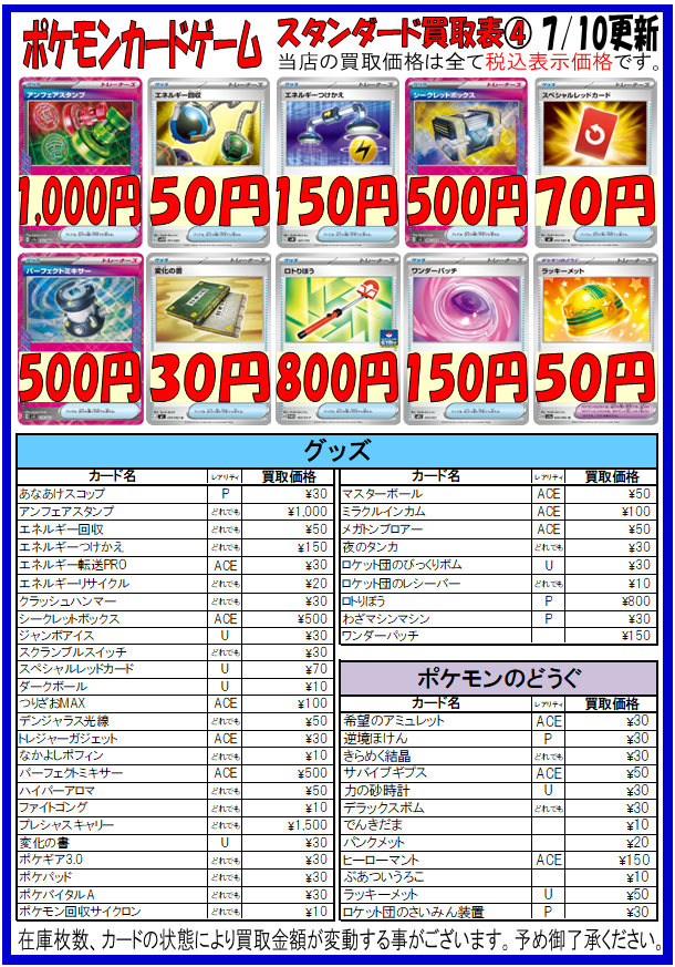 amenity_omy's tweet photo. 【#ポケカ 更新情報】

スタンダード構築範囲の「グッズ」と「ポケモンのどうぐ」の店頭価格と買取表を更新しました！
また、減っていた特価ストレージも補充しました。
お求めも買取も1枚からお気軽にお越しください。
皆様のご来店お待ちしておりますヾ(๑  ' ᴗ ' )ﾉﾞ

#ポケモンカード https://t.co/i5aRL7bLyk