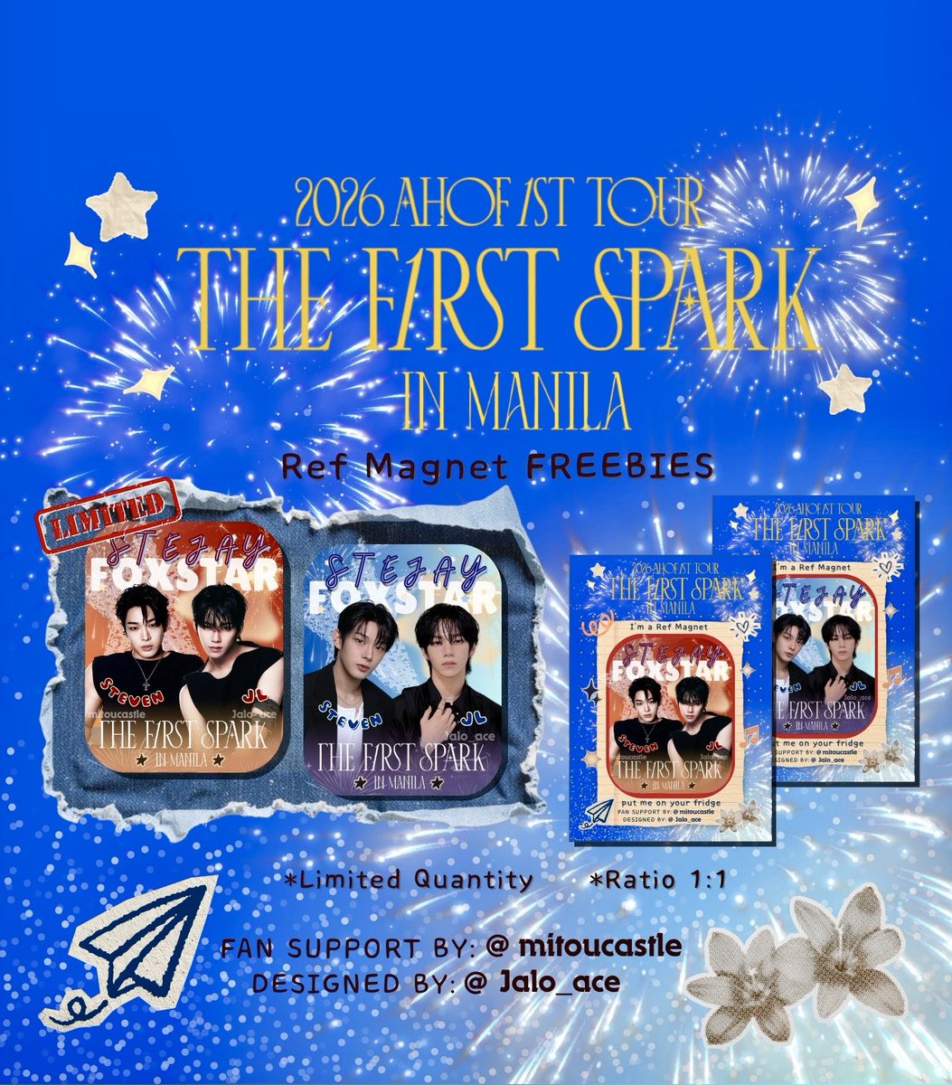 Jalo_ace's tweet photo. ౨ AHOF the First spark in Manila Freebies ৎ 
⤷ fan support by @mitoucastle 
⤷ designed by @Jalo_ace

a small fan support funded and requested by Ate Van @mitoucastle for STEJAY✨

📍MOA Arena
📆 July 25-26, 2026

✦ like &amp; rt 
✦ strictly 1:1

 #AHOF #JL #Steven @AHOF_official https://t.co/1rUWRwgNC4
