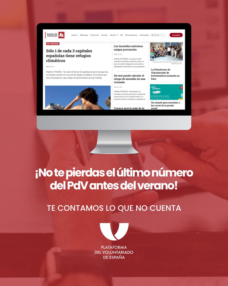 PdVDiarioSocial's tweet photo. ¡No te pierdas el último número del #PdV antes del verano!
🗞️ Sólo 1 de cada 3 capitales españolas cuenta con refugios climáticos.
🗞️ Las ecologistas también alertan sobre la necesidad de buscar medidas de prevención ante los nuevos incendios “extremos”.
https://t.co/Xvh87QmlEL https://t.co/I5sCOVidsP