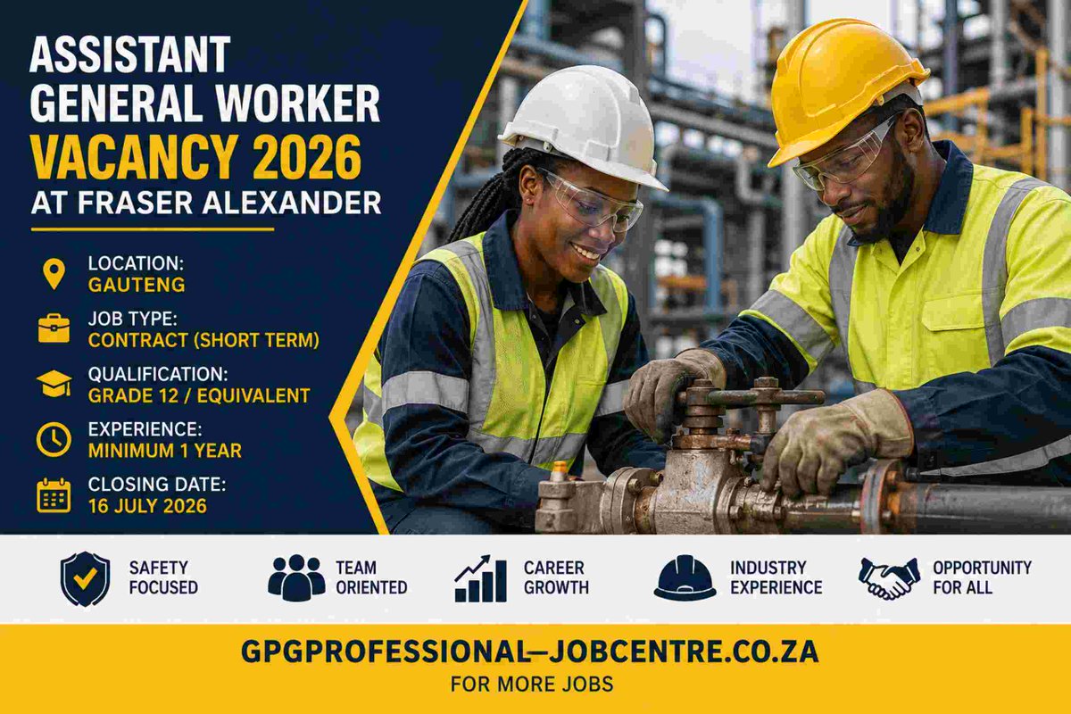 GPGVACANCIES's tweet photo. GAUTENG JOB: Fraser Alexander is Hiring! 

Got your Matric?  Break into the mining services sector with a top company! 

💼 Role: Assistant General Worker 
🏗️ Type: Contract 
⏰ Closes: 16 July 2026 

Apply: https://t.co/qStSjJydDI

#MatricJobs #MiningJobsSA https://t.co/QeU3WADVJj