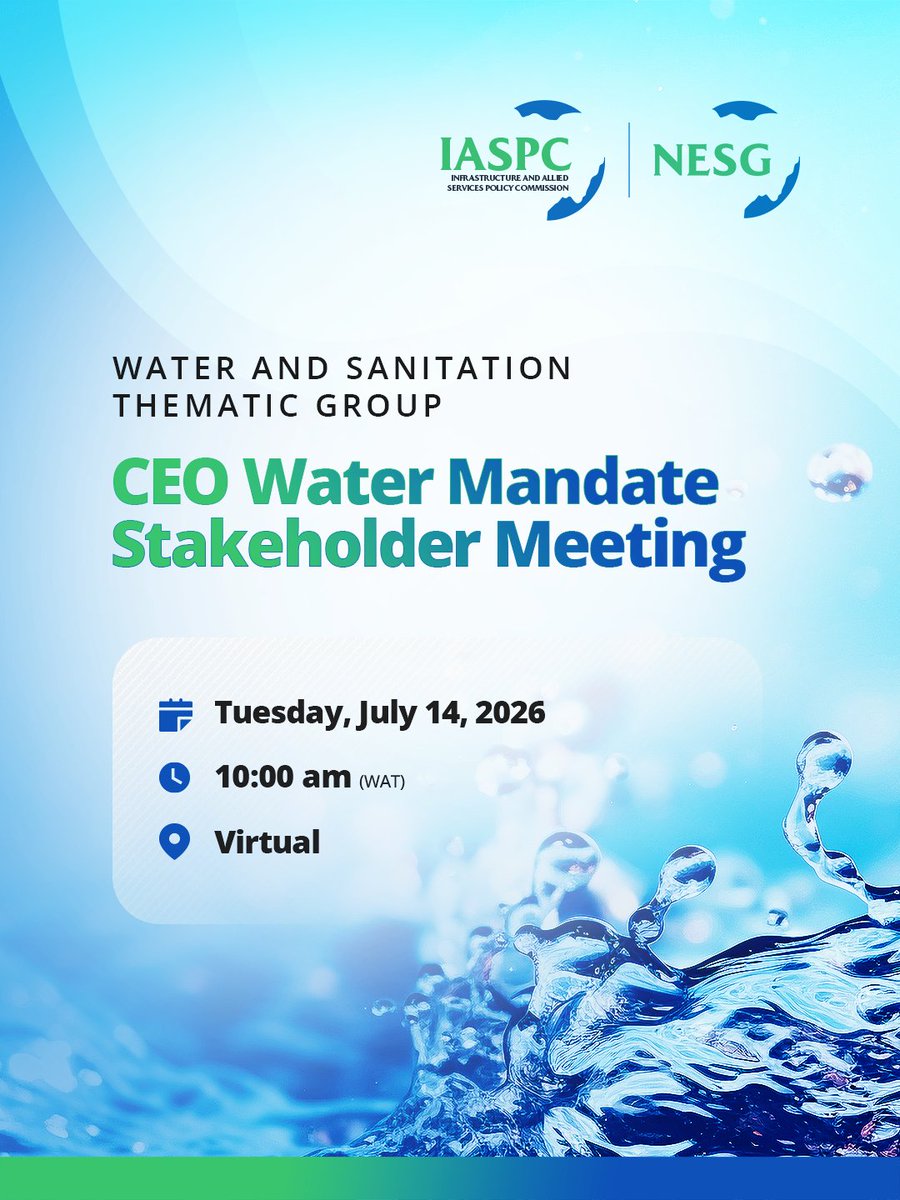 officialNESG's tweet photo. Water is no longer just an environmental issue—it is an economic imperative.

Flooding, water scarcity, poor sanitation, and ecosystem degradation continue to threaten businesses, food systems, livelihoods, and national productivity across Nigeria. As these challenges grow, so does the need for stronger collaboration between the government, the private sector, and development partners.

Join the CEO Water Mandate Stakeholder Meeting for practical conversations on strengthening water stewardship, improving policy outcomes, and advancing sustainable water management in Nigeria.

This virtual session will bring together senior government officials, business leaders, sustainability experts, and development partners to explore how responsible water management strengthens business resilience, protects natural resources, and contributes to sustainable economic growth.

Date: Tuesday, July 14, 2026

Time: 10:00 AM (WAT)

Mode: Virtual

Kindly register to attend using the link below.

https://t.co/JBPXcky2Mt