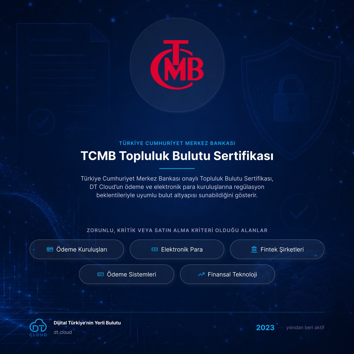 DTCloudnow's tweet photo. DT Cloud olarak, Türkiye Cumhuriyet Merkez Bankası onaylı Topluluk Bulutu Sertifikamız ile ödeme kuruluşları, elektronik para kuruluşları ve fintek şirketleri için güvenilir, denetlenebilir ve regülasyon beklentileriyle uyumlu bulut altyapısı sunuyoruz.

contact@dtcloudnow.com https://t.co/J1nxXppMb5