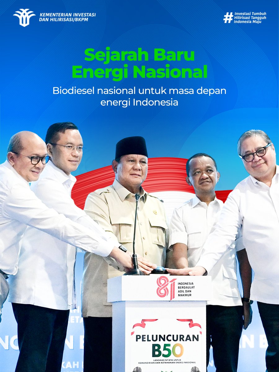 bkpm's tweet photo. Menteri Rosan, mendampingi Presiden Prabowo pada peluncuran mandatori biodiesel B50. Kebijakan ini memperkuat ketahanan energi, hilirisasi, dan investasi bioenergi Indonesia (9/7). https://t.co/XQiErEYxXg