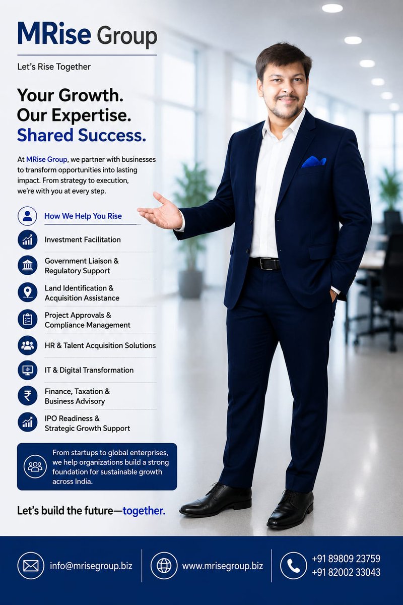 MriseGroup1's tweet photo. Management that drives strategy. Expertise that delivers results. Together, we help businesses rise with confidence. 🚀

#MRiseGroup #Leadership #BusinessGrowth #CorporateLeadership #Entrepreneurship #BusinessConsulting #Innovation #GrowthStrategy #IndiaBusiness #CEO #CFO #viral https://t.co/XfSz1fQhXT