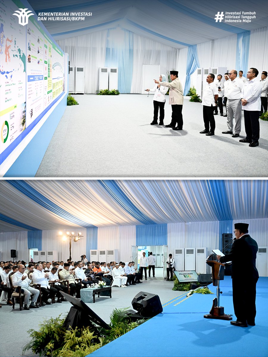 bkpm's tweet photo. Minister Rosan accompanied President Prabowo at the launch of the mandatory B50 biodiesel program. The policy strengthens energy security, downstream industries, and bioenergy investment (9/7).

Sumber: BPMI Setpres https://t.co/koI5AFv7l9