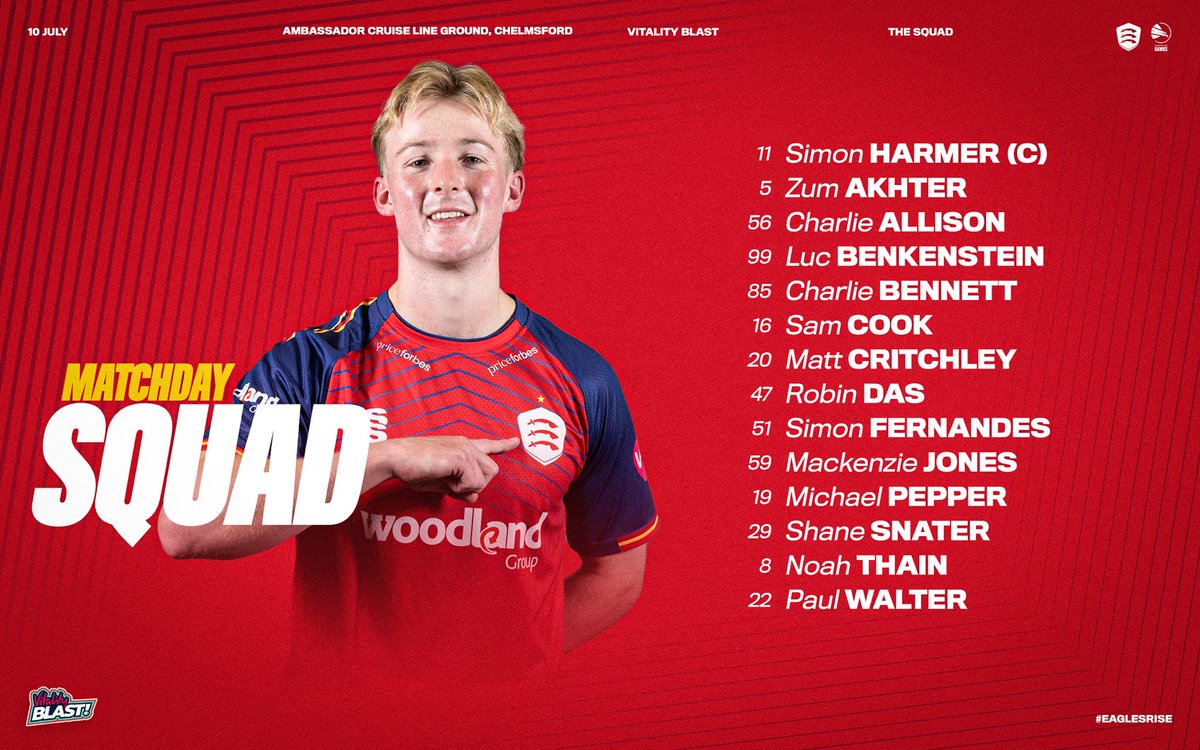 EssexCricket's tweet photo. π’ Our 14-player squad for the clash against Hampshire Hawks Men this evening!
#ESSvHAM Match Preview β‘οΈ https://t.co/aMx3s0A6F4
π¦
#EaglesRise https://t.co/36ddl2za4Q