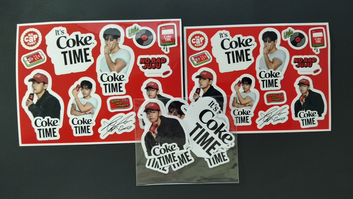 myEpiphany27's tweet photo. Comparison ng Coke x BTS V stickers from the tumbler, mini can, and gulp promo just because.  😅 https://t.co/UjIeL3QM7R