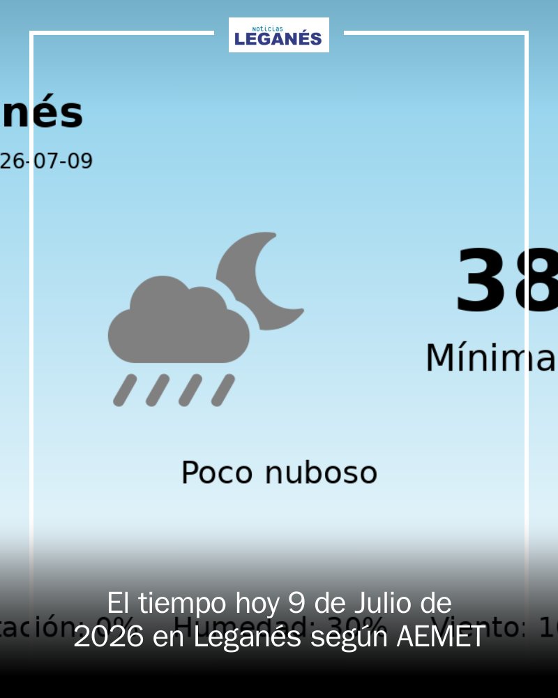 LeganesOn's tweet photo. 🌞 ¡Buenos días, Leganés! Hoy, 9 de julio, prepárate para un día de verano con temperaturas que alcanzarán los 38°C. Cielo despejado y sin lluvias. ¡No olvides hidratarte y protegerte del sol! ☀️ #Leganés #Clima #Verano2026 https://t.co/oIdp9090ib https://t.co/gXwogS1uu3