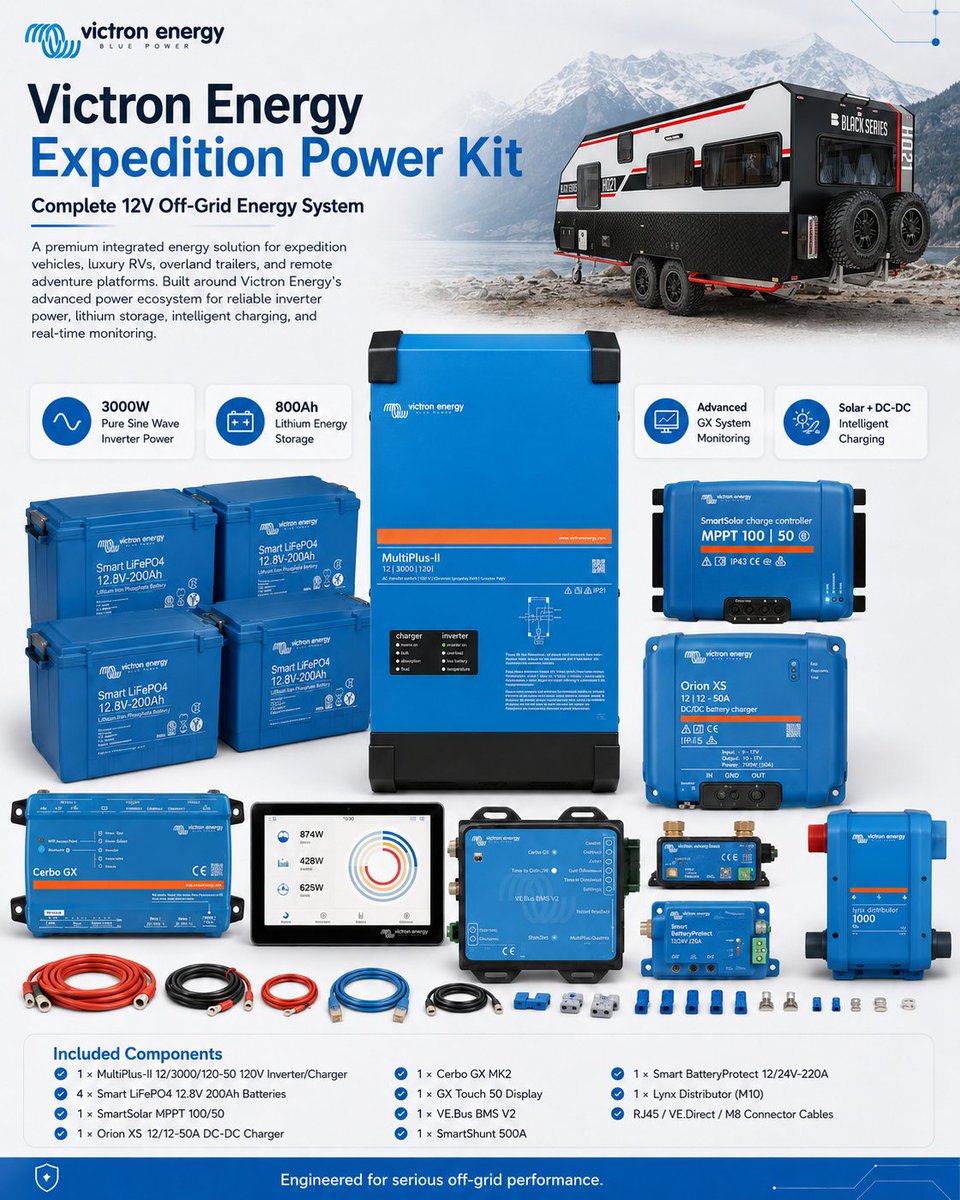 BlackSeriesUS's tweet photo. Power Beyond The Grid.
Complete 12V off-grid system built for adventure.
⚡ 3000W Inverter
🔋 800Ah Lithium Storage
☀️ Smart Solar + DC Charging
Premium Victron technology.
💰 Special Savings Available
Shop now: https://t.co/WFbueUk38z
#BlackSeries #VictronEnergy #OffGridPower https://t.co/BHNtgKyjzZ