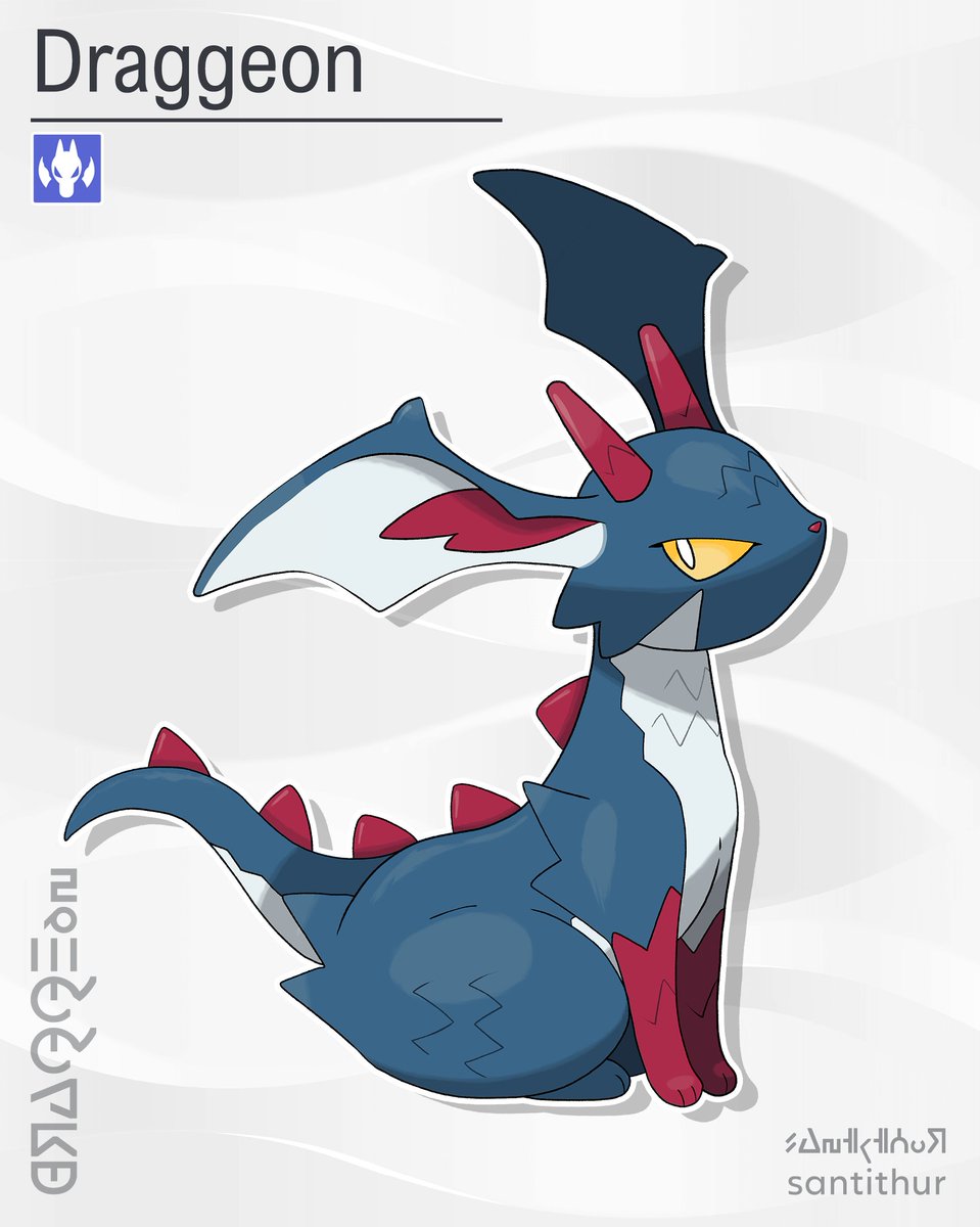 Santithur's tweet photo. A Dragon-type evolution, of course !
Meet Draggeon, the Scaly Pokémon.

A fierce Pokémon that keeps its emotions for its worthy companions.
An Eevee growing up to become a Draggeon probably liked living in caves or ruins !

#pokemon #fakemon #eeveelution https://t.co/DNdWxhBuBJ