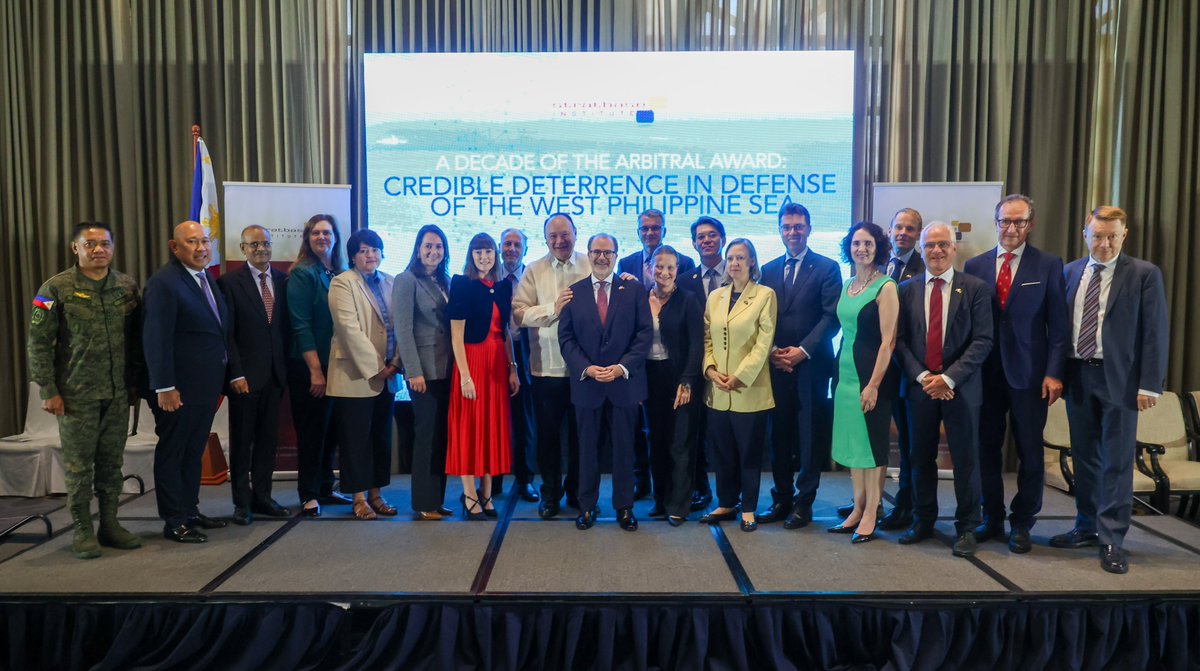 BaconPexcel's tweet photo. LOOK: Defense and diplomatic leaders gathered Friday to mark the 10th anniversary of the landmark arbitral ruling, reaffirming the Philippines' rights in the West Philippine Sea and the importance of a rules-based order.. | @bworldph

📷: Stratbase Media https://t.co/FJAtCheqlu