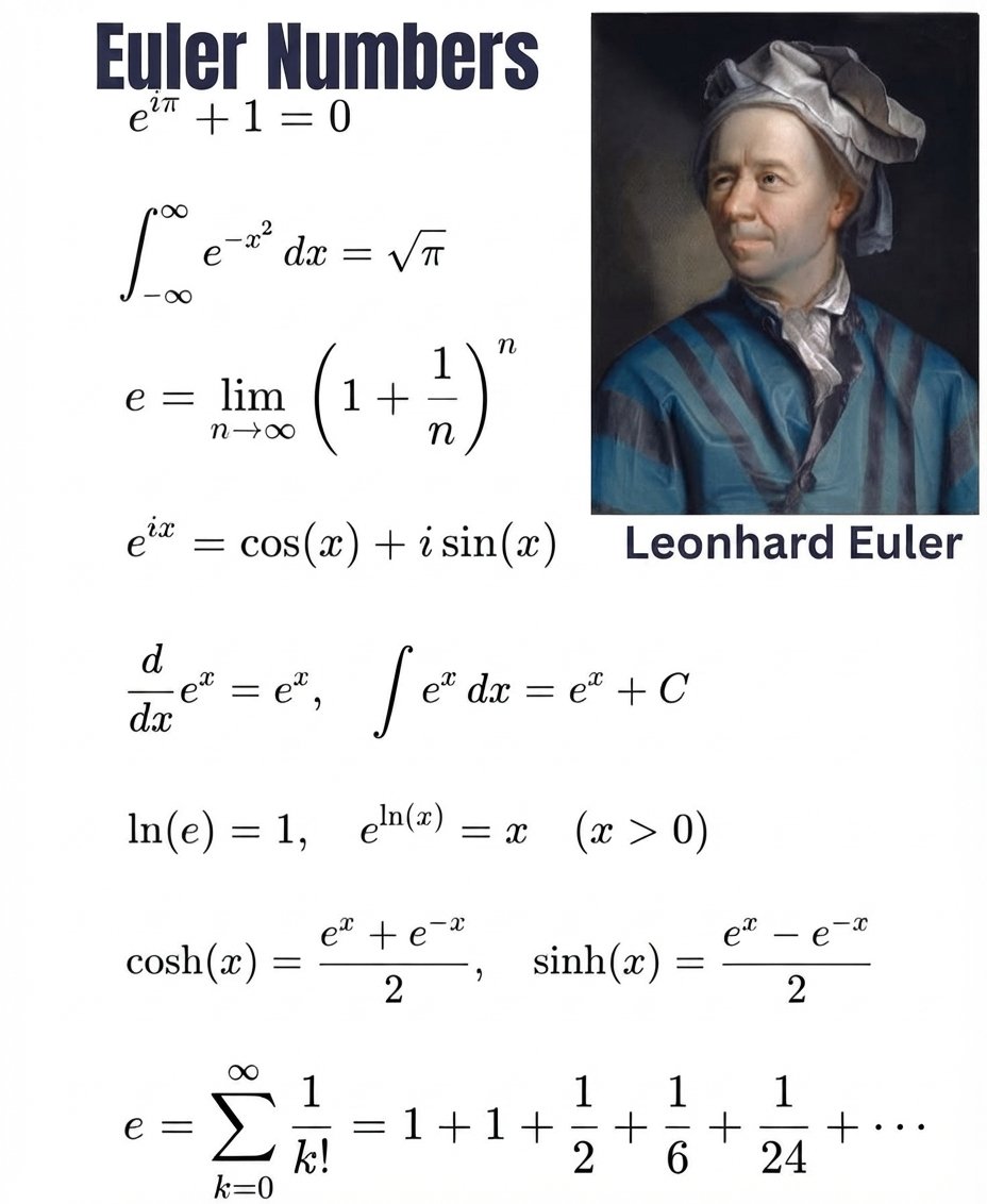 mathemetica's tweet photo. Leonhard Euler's work established several core mathematical principles that continue to shape technical fields. 

Among them are the identity setting e to the i pi power plus one to zero, the Gaussian integral result of square root of pi, the limit and series definitions for the number e, Euler's formula for e to the i x, calculus operations on the exponential function, properties of the natural logarithm, and the standard definitions for the hyperbolic functions.

These principles support modeling in numerous domains. It is used to calculate probabilities under the normal distribution and design exponential amplifiers in electronics.
