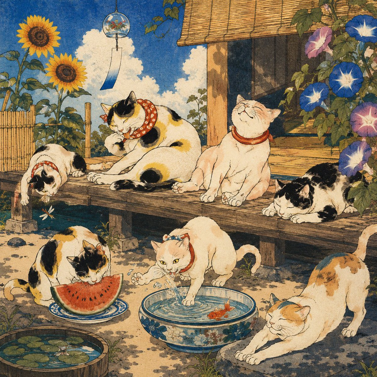 猫たちが唄っている 夏真っ盛り 画：安達猫風