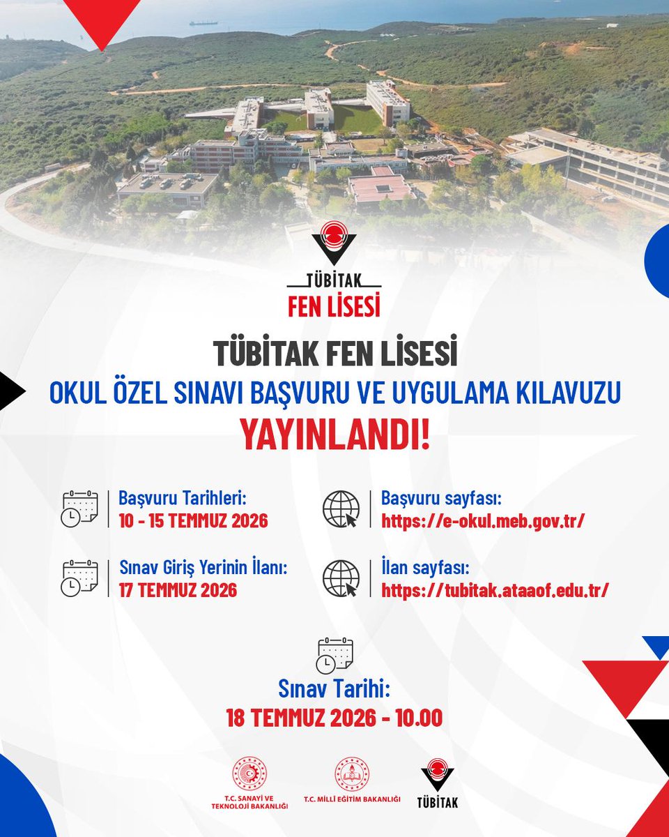Tubitak_fenlise's tweet photo. TÜBİTAK Fen Lisesi Okul Özel Sınavı Başvuru ve Uygulama Kılavuzu Yayınlandı!✏️

Lisemizin öğrenci adaylarının gireceği sınavla alakalı başvuru ve sınav uygulama bilgilerinin yer aldığı kılavuza linkten ulaşabilirsiniz!

Tüm adaylara başarılar dileriz.👏

👉https://t.co/4QVLO0g9ck https://t.co/XlBcUISYkn
