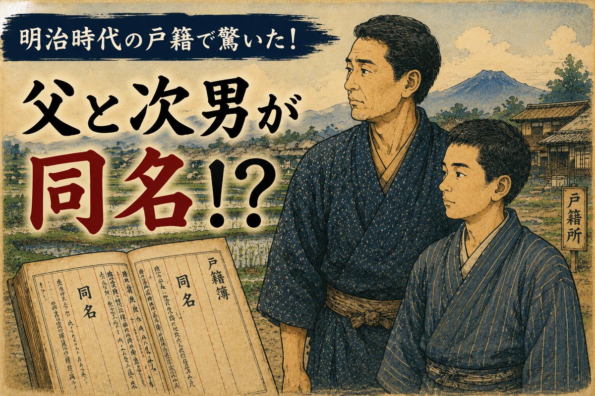 sis_kakeizu's tweet photo. 父は、自分と同じ名前を 
長男ではなく次男につけました。  
え……次男！？  
なぜ、長男ではなかったのでしょうか。

昔の戸籍には、今では考えにくい名前の残り方があります。  
ただ、戸籍は「名前が記録された事実」は残していても、「なぜその名前になったのか」までは書かれていません。 https://t.co/C8VaYRkLzL