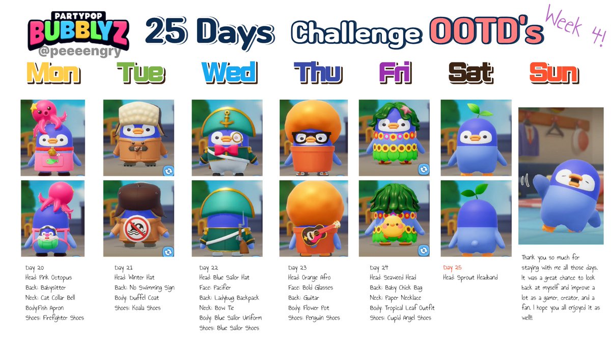 peeeengry's tweet photo. #PartyPopBubblyz25DaysChallenge
Compliation for the costumes I wore this week! 4!! 
Thank you so much for staying with me until the end.
This project meant a lot to me, and I hope you earned something as much as I did from this.
Thank you!
https://t.co/uOeJtTx0Zc https://t.co/zRXWZV6AWs