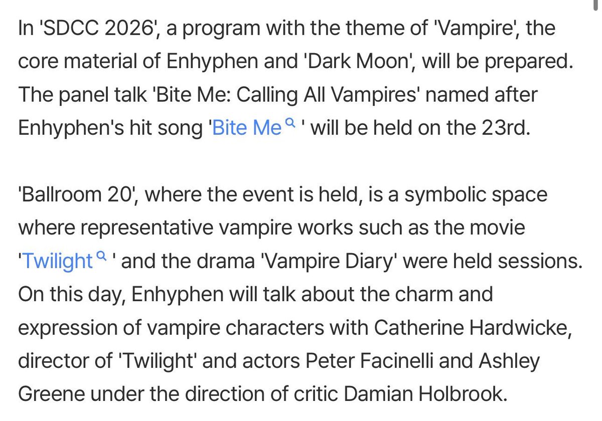 wywanny's tweet photo. กรี๊ดดดดดดในงาน SDCC 2026 วันที่ 23 น้องเอนไฮเพนจะพูดคุยเกี่ยวกับเสน่ห์และการแสดงออกของคาร์แรคเตอร์แวมไพร์ กับ Catherine Hardwicke ผู้กำกับ Twilight และ Peter Facinelli กับ Ashley Greene นักแสดง แล้วก็มี Damian Holbrook ��ป็น MC

อมกๆๆๆ คอนเส้ปแวมไพร์น้องเอนไฮเพนโดดเด่นและโด่งดังสุดๆ 😭😭😭