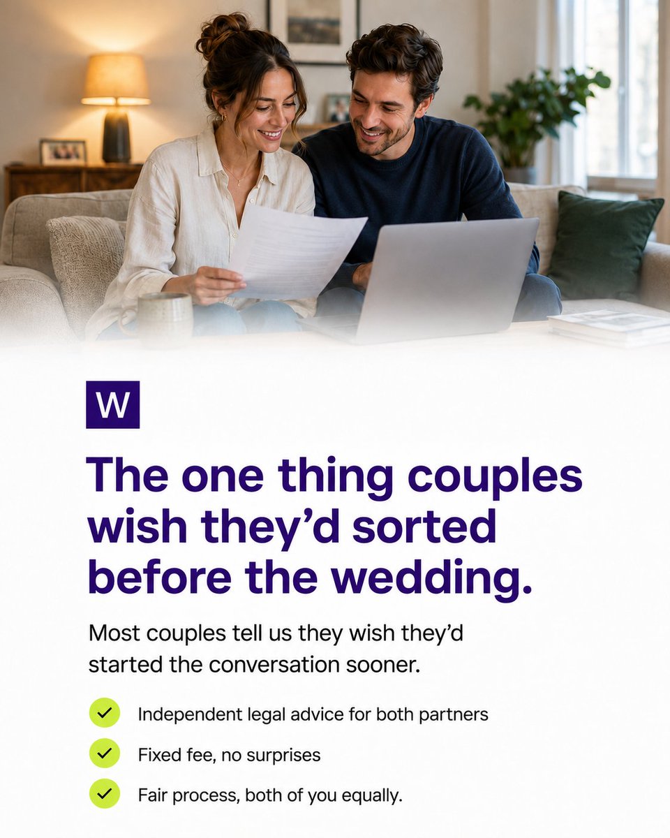 wenupuk's tweet photo. The couples who sort their prenup early always say the same thing: wish we'd done it sooner.
With Wenup, both partners get independent legal advice at a fixed fee. Simple, fair, no surprises. https://t.co/TsU8XzMI7f