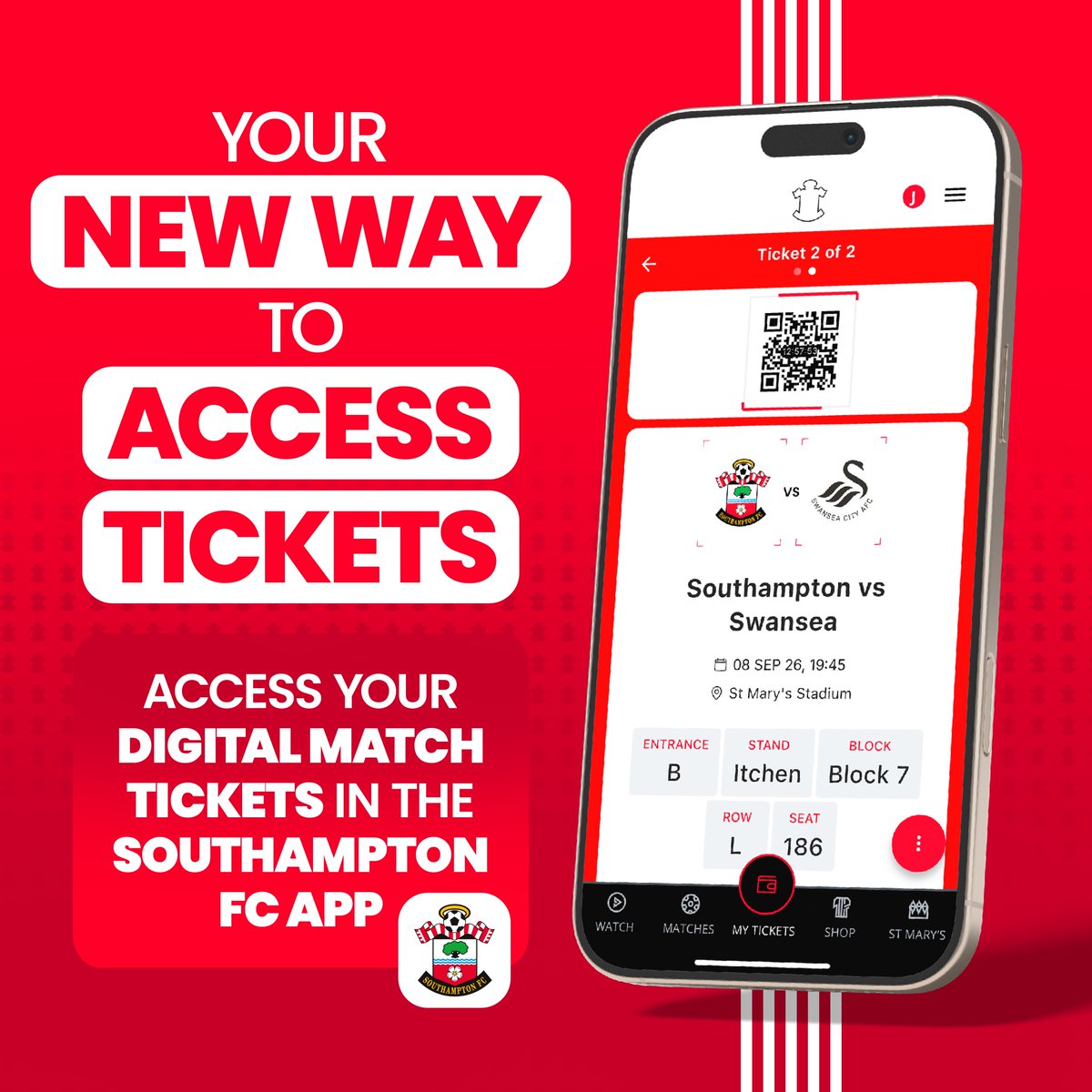 SouthamptonFC's tweet photo. A new way to access tickets 🎟️

Digital tickets are moving to the Southampton FC app: