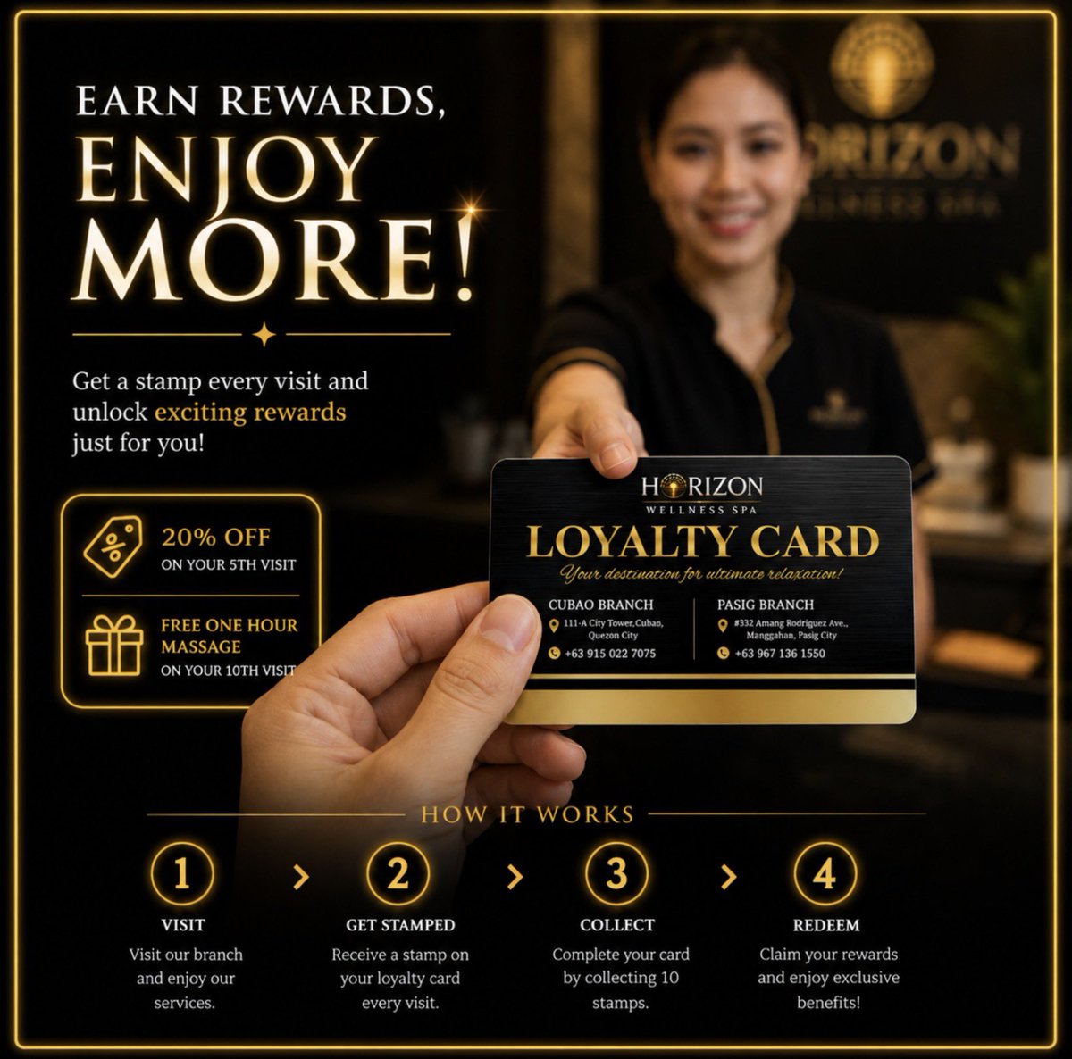 HorizonCubao's tweet photo. 💛 Relax More. Earn More.

Every visit brings you closer to exciting rewards!

✨ 20% OFF on your 5th visit
🎁 FREE 1-Hour Massage on your 10th visit

Collect your stamps and let every massage be more rewarding.

📍 Horizon Wellness Spa Cubao– Your relaxation deserves rewards. 🌿 https://t.co/h6LzwlLkBA