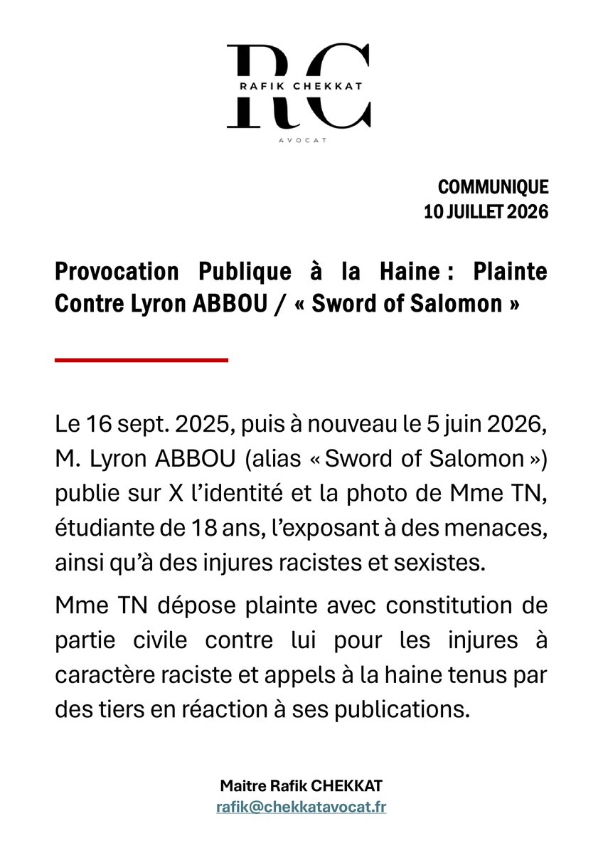 r_chekkat's tweet photo. « Elle se croit où avec son voile ? »
« Direction Alger, c’est une obligation la hijra et pour nous une libération »
« Une sal****** qui doit d’urgence être remigrée ! »
« Elle se croit en Afghanistan ou en Syrie, cette dinde talibanaise »

Pour ces multiples appels à la haine postés sous des publications de M. Lyron ABBOU, alias « Sword of Salomon », une plainte avec constitution de partie civile est déposée ce jour contre lui.
