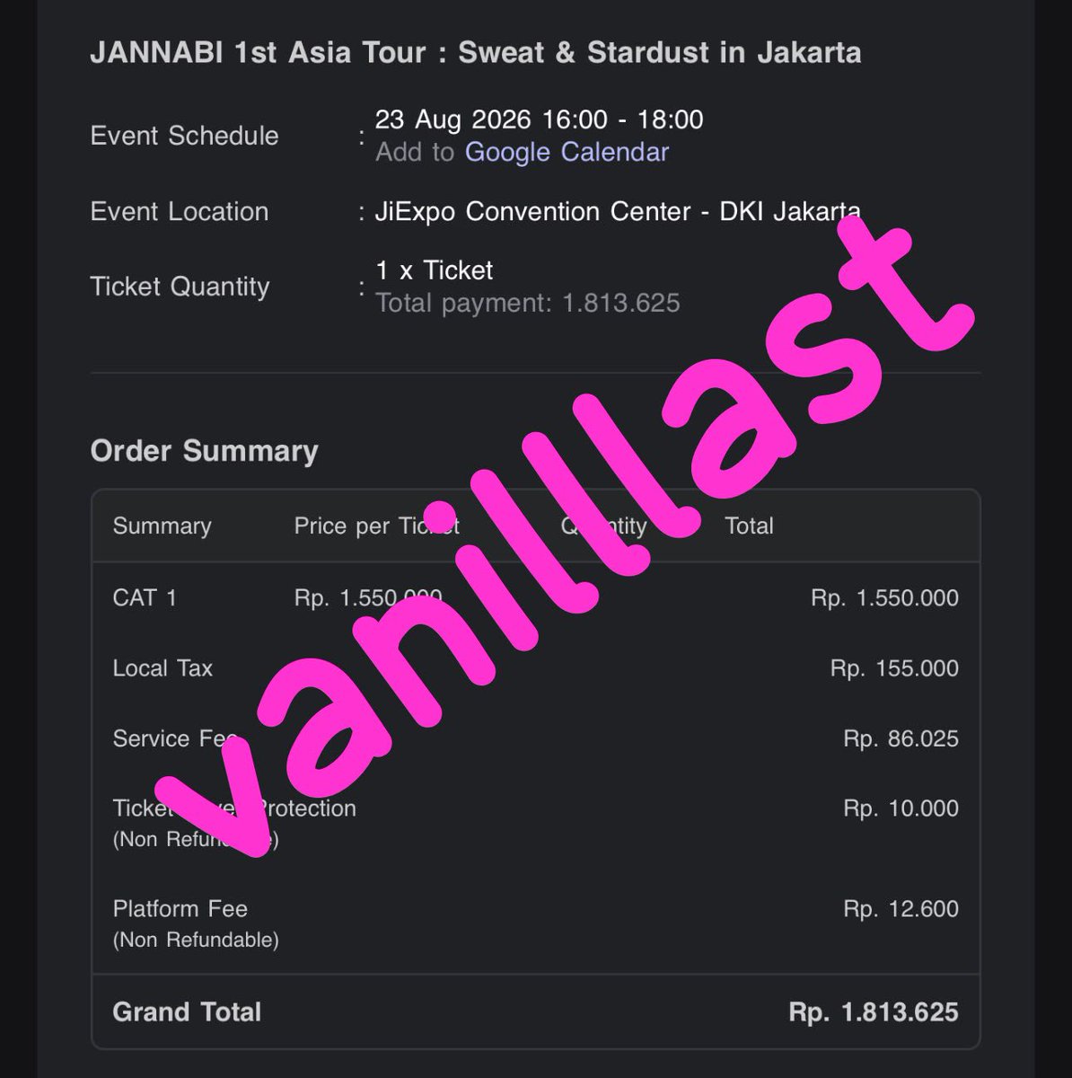 vanilllast's tweet photo. wts / want to sell jannabi jakarta cat 1

cat 1 - 1 tix
jual harga normal web (1.813.625)
proof lengkap ✅
yang minat bole langsung dm!

tags. wts wtb jannabi jakarta https://t.co/seFSt6uF6k