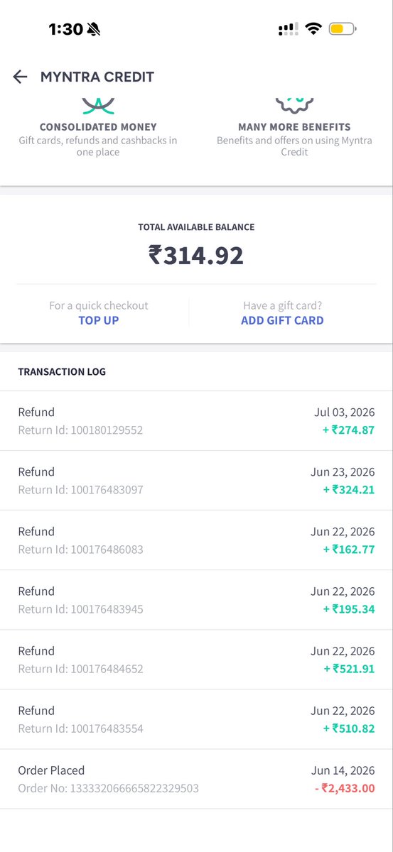 Simar744's tweet photo. Hi @MyntraSupport, I received refund credits totaling ₹2,263.92, but my Myntra Credit balance now shows only ₹314.92. The remaining ₹1,949 has disappeared without any clear transaction history. I already raised this issue with your support, but instead of resolving it, my case https://t.co/uX37kGrwF7