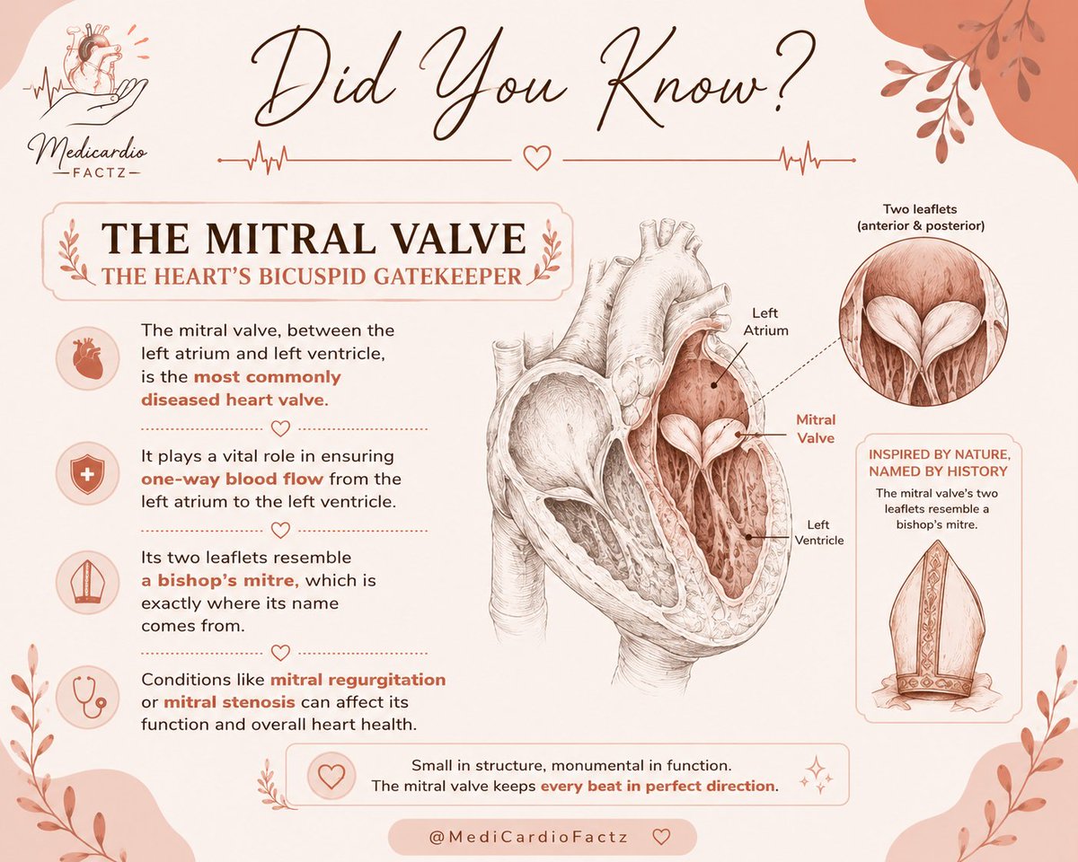 MediCardioFactz's tweet photo. ᚛ Did You Know?
The mitral valve sits between your left atrium and left ventricle, ensuring blood flows in one direction only.
Its two leaflets looked so much like a bishop's ceremonial hat that someone named it after one, and the name stuck for centuries.

#Medicine #Cardiology https://t.co/XLWgWs98wP