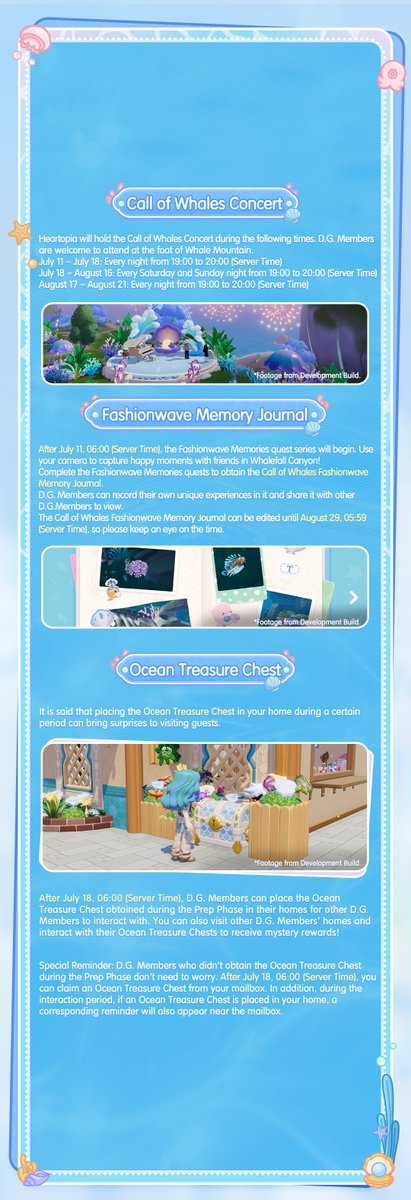 MyHeartopia's tweet photo. 🐋 Call of Whales | Explore the Mysterious Underwater World in Heartopia! 🌊

Baboo, D.G. Members!

📅 From July 11, 06:00 to August 22, 05:59 (Server Time), the new Fashionwave "Call of Whales" goes live!
The new underwater area "Whalefall Canyon," the permanent "Ocean Cleanup" hobby, the new underwater home "Seamount," Fashionwave collectibles, the Fashionwave Store, Memory Journal, Call of Whales Concert, and many more exciting features will all be available!

For more event details, tap the image to learn more!
D.G. Members, let's meet in Whalefall Canyon! 💙

#heartopia #heartopiaCallofWhales