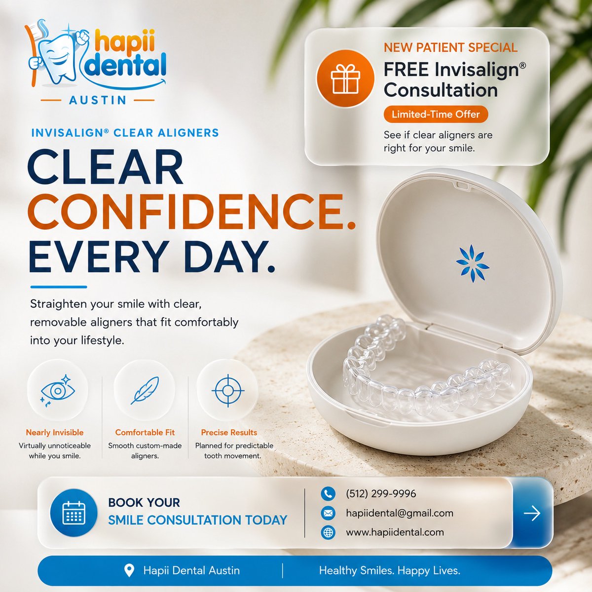 hapiidental's tweet photo. A straighter smile starts with a simple consultation. 😁 Discover how Invisalign® clear aligners can fit your lifestyle with comfortable, nearly invisible treatment. New patients are welcome! 📍Austin, TX 
📞 (512) 299-9996 
https://t.co/6zBFROWVzo 
#Invisalign #AustinDentist https://t.co/1RvUScCsb6