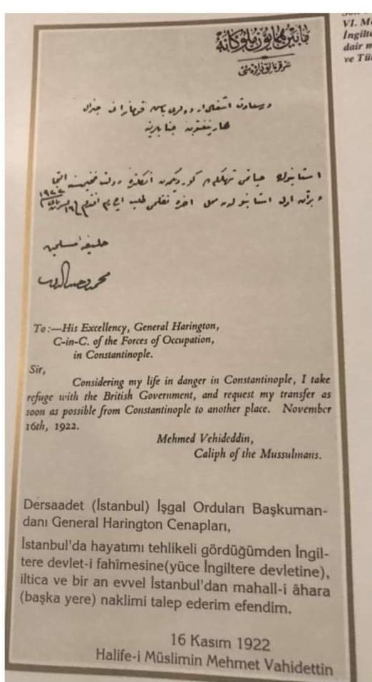 say_cem's tweet photo. Vahdettin yaverini İstanbul'daki İşgal Orduları Başkomutanı İngiliz General Harington'a gönderip ülkeden kaçmak için yardım istedi. Harington "Onu zorla kaçırdığımın sanılmaması için talebini yazıyla bildirsin" diye cevapladı. Bunun üzerine Vahdettin'in Harington'a yazdığı mektup https://t.co/TjeZSbEAL6