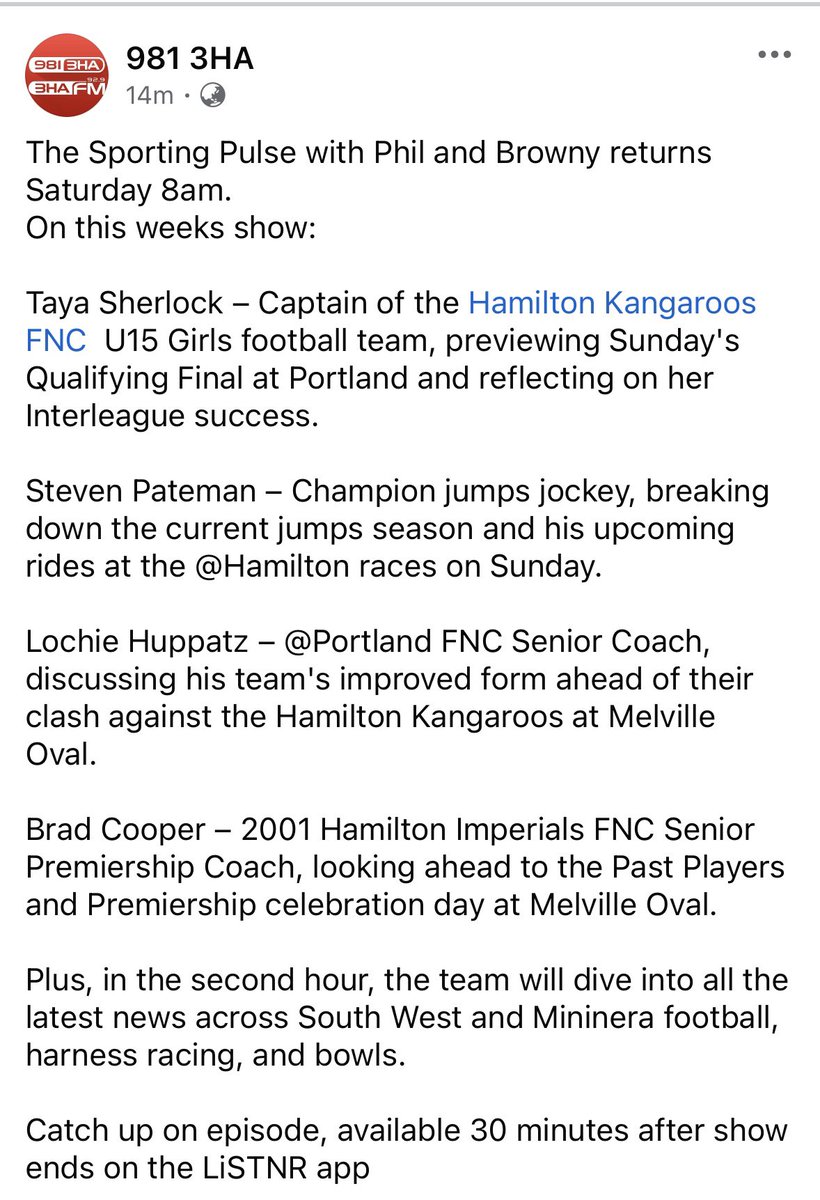 AB_Browny's tweet photo. We’re back tomorrow morning from 8 till 10 covering local sport and racing. Plenty of #countryfooty and #jumpsracing / #countryracing tomorrow. You can catch it all on the podcast if you can’t tune in, or live out of the region - the #SportingPulse 📻
https://t.co/mLgln3DehH https://t.co/7v2LeDFQUV