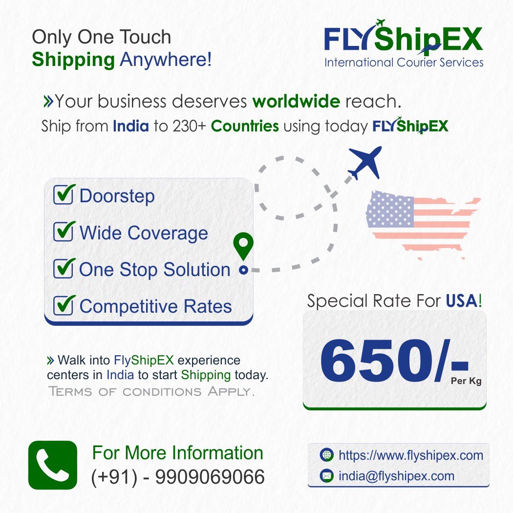 FlyShipEX's tweet photo. Shipping from India to the USA has never been this affordable! 🇮🇳 ✈️ 🇺🇸
With FlyShipEX, send your commercial or personal shipments to over 230+ countries globally. Benefit from our doorstep pickup, wide international coverage, and unbeatable competitive rates.
#shipping #پاکستان https://t.co/7SBGpxbPD4