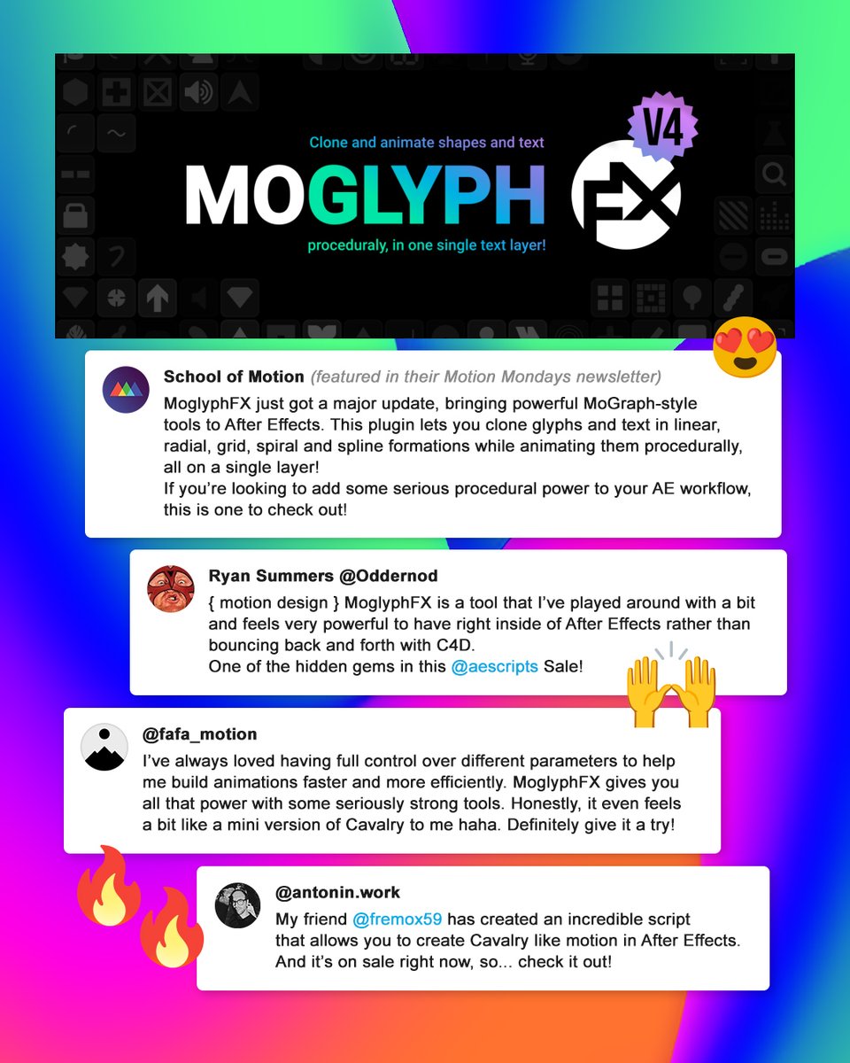 fremox59's tweet photo. Last hours to save big on my @aescripts tools for #aftereffects , including Moglyph FX v4.5, a super powerful procedural cloning and animation toolset, trusted by some of the best artists in the #motiondesign industry!
Grab it on https://t.co/xIRIb9xEMy before the end of the day! https://t.co/Pdqdm2ZO2K