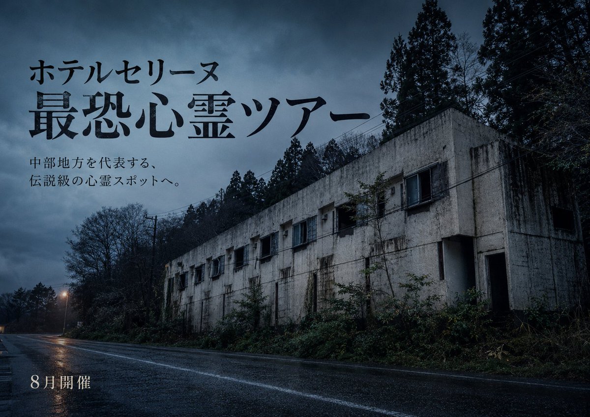 real_haunted's tweet photo. ／
「ホテルセリーヌ 最恐心霊ツアー」
チケット販売が本日20:00から開始👻
＼

中部地方最恐として、長年語り継がれてきた“ホテルセリーヌ”にて――。
お盆という特別な日に、数々の噂が今も残る館内を巡るツアーを開催します。

▼ご予約はこちら
https://t.co/H3104bi5OZ https://t.co/LSJGKwAW2z