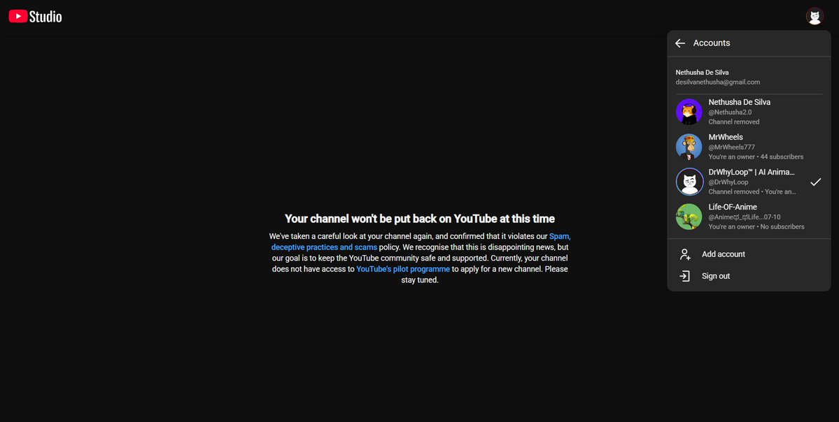 NethushaS79511's tweet photo. What is the worst thing to see in the morning?
Me : getting your channel removed from youtube without even doing a mistake 😭 https://t.co/H5NNNq964C