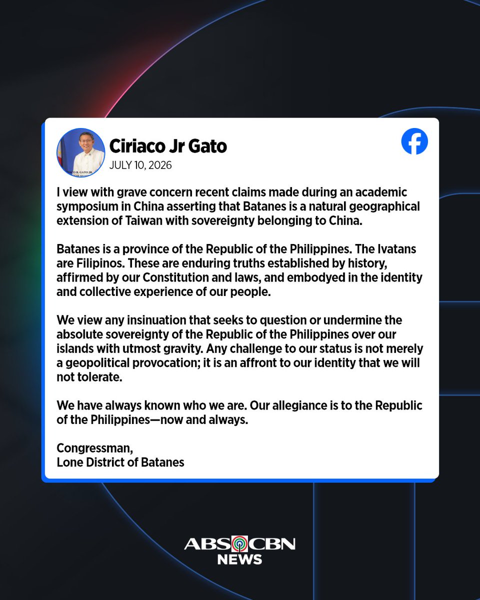 ABSCBNNews's tweet photo. "Batanes is a province of the Republic of the Philippines. The Ivatans are Filipinos."

Kinondena ni Batanes Rep. Ciriaco Gato Jr. ang pahayag ng Chinese scholars na sakop ng China ang Batanes na itinuturing nilang natural geographical extension ng Taiwan. 

Kaugnay na ulat: https://t.co/DH5sLcM3dh