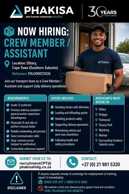 NthabelengDlam3's tweet photo. 🚛 Phakisa Is Hiring! Join Our Logistics Team in Ottery, Cape Town – Code 14 Drivers &amp; Crew Members Needed 📦
📍 Southern Suburbs Opportunities Available

#PhakisaJobs #CapeTownJobs #LogisticsJobs #TransportJobs #DriverJobs #GeneralWorkerJobs #HiringNow #JobOpportunities https://t.co/r8fqeUMFne