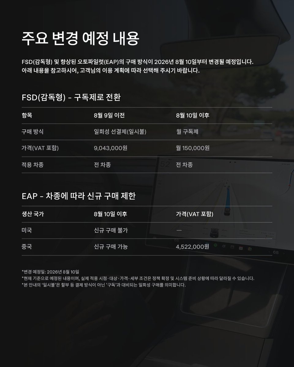 danmusk's tweet photo. 한국도 8월 10일부터 FSD 일시불 폐지 및 구독제 전환

900만원 일시불 -> 월 15만원 구독 https://t.co/ith7O35q20