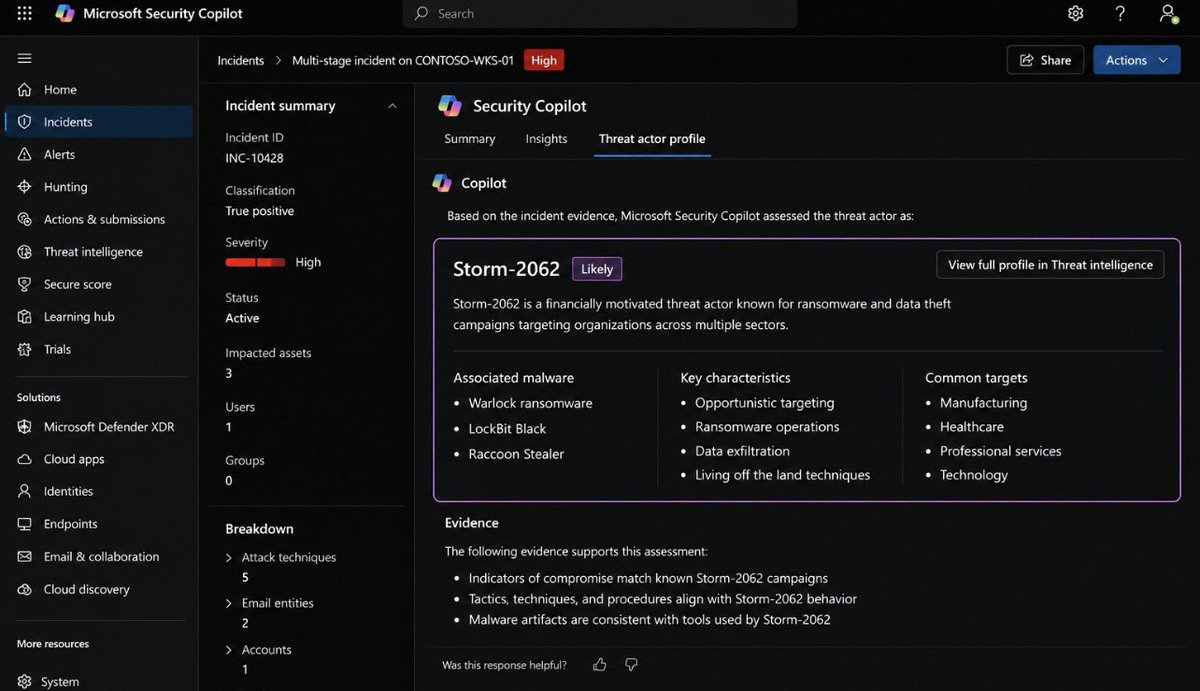 Officialwhyte22's tweet photo. One of the most interesting additions to Microsoft’s security ecosystem is Security Copilot. Instead of replacing SOC analysts, it helps them investigate incidents faster by correlating telemetry from Defender XDR, Microsoft Sentinel, Intune, Entra ID, and threat intelligence into a single conversational interface.

In the screenshot below, Security Copilot is analyzing an active incident and automatically building a threat actor profile from the available evidence. Rather than forcing an analyst to pivot between multiple dashboards, it summarizes the incident, identifies malware families, highlights attacker characteristics, and provides context about potential targets. This reduces investigation time and helps analysts focus on validating findings instead of manually gathering data.

That said, AI should never become your only analyst. Threat actor attribution is based on patterns and confidence levels, not certainty. Every AI-generated assessment should be verified against endpoint telemetry, authentication logs, network activity, and digital forensic evidence before making response decisions. AI accelerates investigations, but human validation remains critical.

The future SOC will not be analysts versus AI. It will be analysts working alongside AI. The teams that learn how to ask better questions, validate AI findings, and combine automation with human expertise will investigate incidents much faster than those relying on either humans or AI alone.