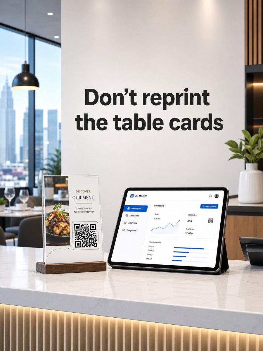TIMO_QRMASTER's tweet photo. Menu prices changed? Don't reprint every table card. A dynamic QR keeps the printed code stable while the destination can be updated later. https://t.co/lJQp7OFsby #QRCode #QRMaster https://t.co/j4I7tfe5Xu