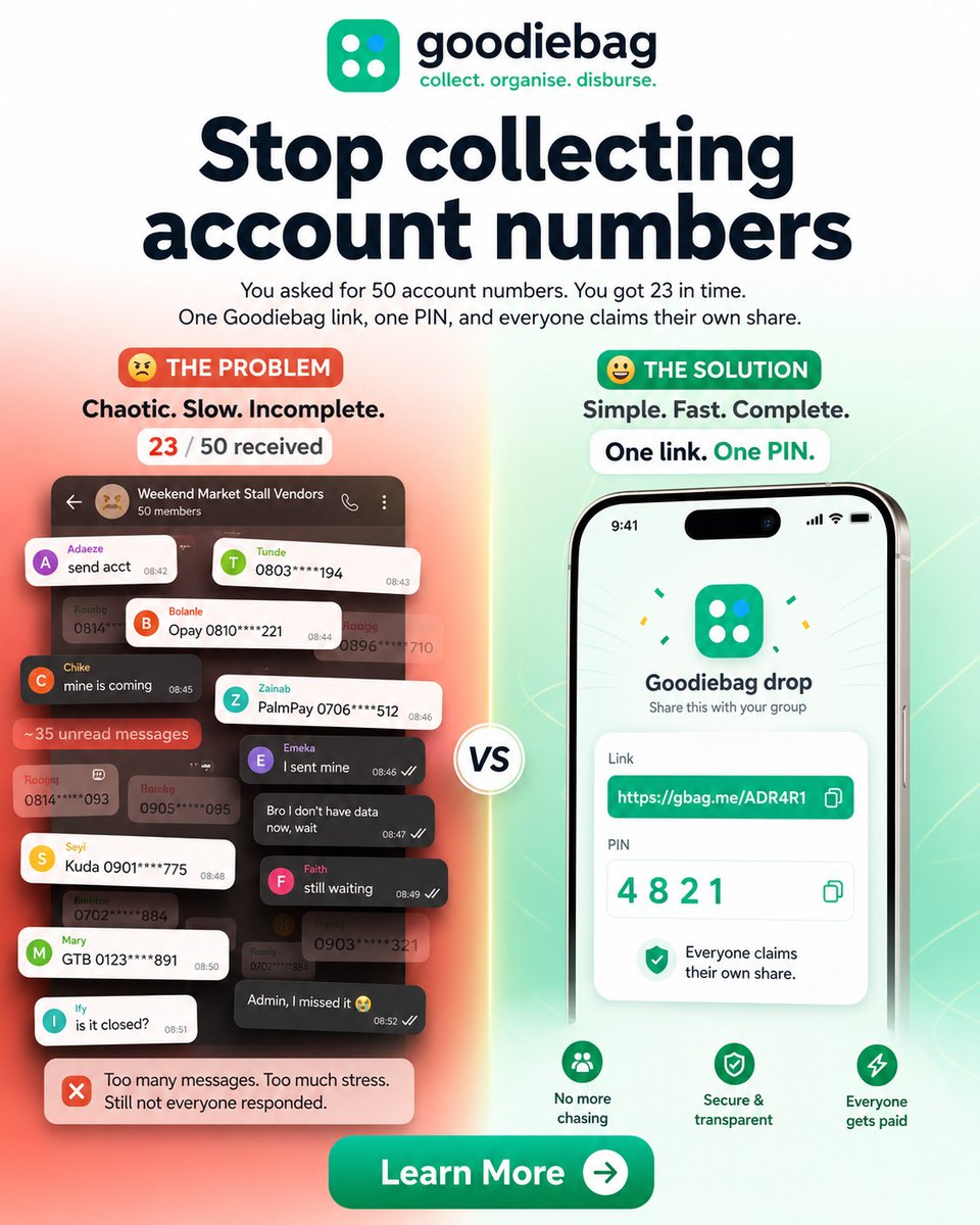 GetGoodiebag's tweet photo. You asked for 50 account numbers. You got 23 in time. One Goodiebag link, one PIN, and everyone claims their own share.

https://t.co/1MHkGr2K1A https://t.co/KvOSYhB3Vt