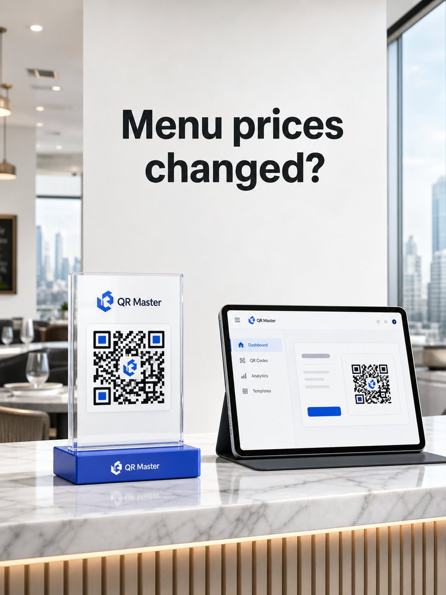 TIMO_QRMASTER's tweet photo. Menu prices changed? Don't reprint every table card. A dynamic QR keeps the printed code stable while the destination can be updated later. https://t.co/lJQp7OFsby #QRCode #QRMaster https://t.co/j4I7tfe5Xu