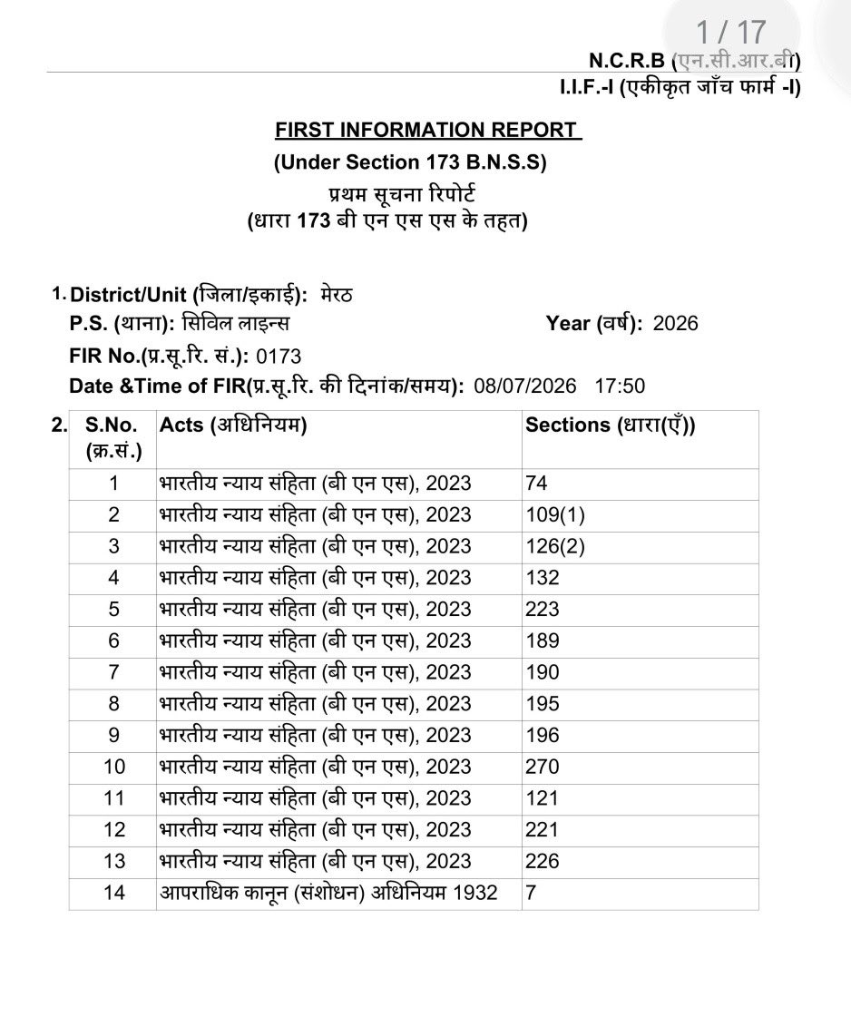 JayantAmbedkar_'s tweet photo. मेरठ पुलिस और SSP अविनाश पांडेय से सीधा सवाल।

FIR में BNS की धारा 74, 109(1) (हत्या का प्रयास), 126(2), 132, 189, 190, 195, 196, 121, 221, 223, 226, 270 जैसी गंभीर धाराएँ लगा दी गईं।

सवाल यह है कि जब प्रदर्शन शांतिपूर्ण तरीक़े से हो रहा था और वीडियो में देखा जा सकता है अविनाश पांडेय तुम ख़ुद लोगों को संविधान में दिए क़ानूनी दायरों से बाहर जाकर लोगों पे हाथ उठा रहे थे, लेकिन अब तुम अपने पॉवर का ग़लत इस्तेमाल करके इतनी गंभीर धाराएँ निर्दोष लोगों पर तुम्हारे द्वारा लगाई गईं हैं |

यदि वास्तव में हत्या के प्रयास, दंगा, पुलिस पर हमला और अन्य गंभीर अपराध हुए हैं, तो उनके सभी सबूत—वीडियो, CCTV फुटेज और अन्य साक्ष्य—सार्वजनिक किए जाएँ, या सिर्फ़ हवा हवाई में अपने पद का दुरुपयोग करोगे ?

कानून का काम न्याय करना है, डर पैदा करना नहीं।ये धाराएँ लगाई गई हैं, तो प्रमाण सामने रखिए। और अगर बिना पर्याप्त आधार के लगाई गई हैं, तो यह गंभीर सवाल खड़े करता है कि पुलिस कानून के अनुसार काम कर रही है या अपने अधिकारों का दुरुपयोग कर रही है।

अगर ऐसा कोई कृत प्रोटेस्ट कर रहे लोगों ने किया था तो उसका साक्ष्य सार्वजनिक करो !

@Uppolice कृपया मेरठ की पुलिस से कहिये कि अपने पॉवर का दुरुपयोग ना करें |