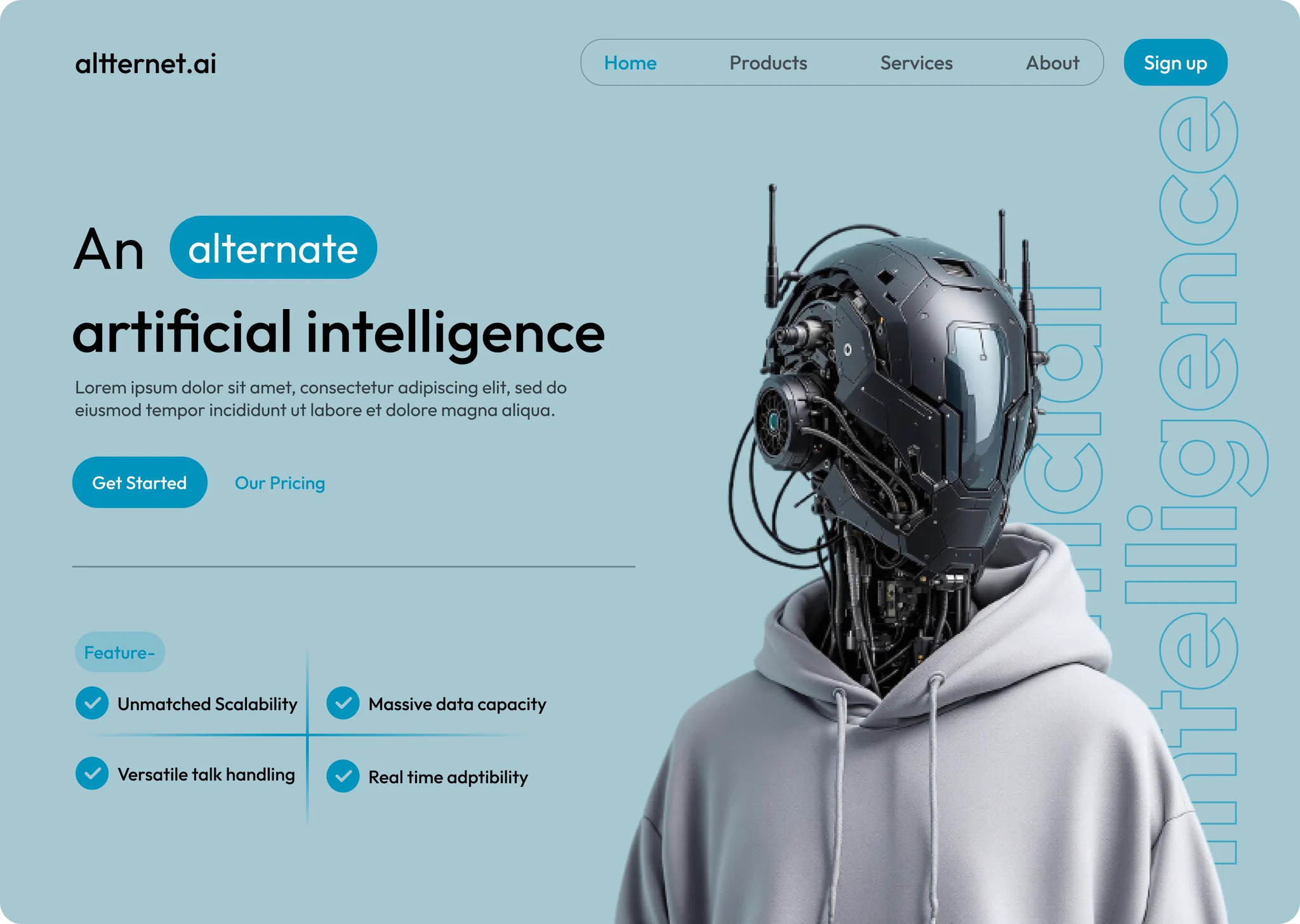 AI 서비스 랜딩 히어로 — 파스텔 블루 스플릿 화면