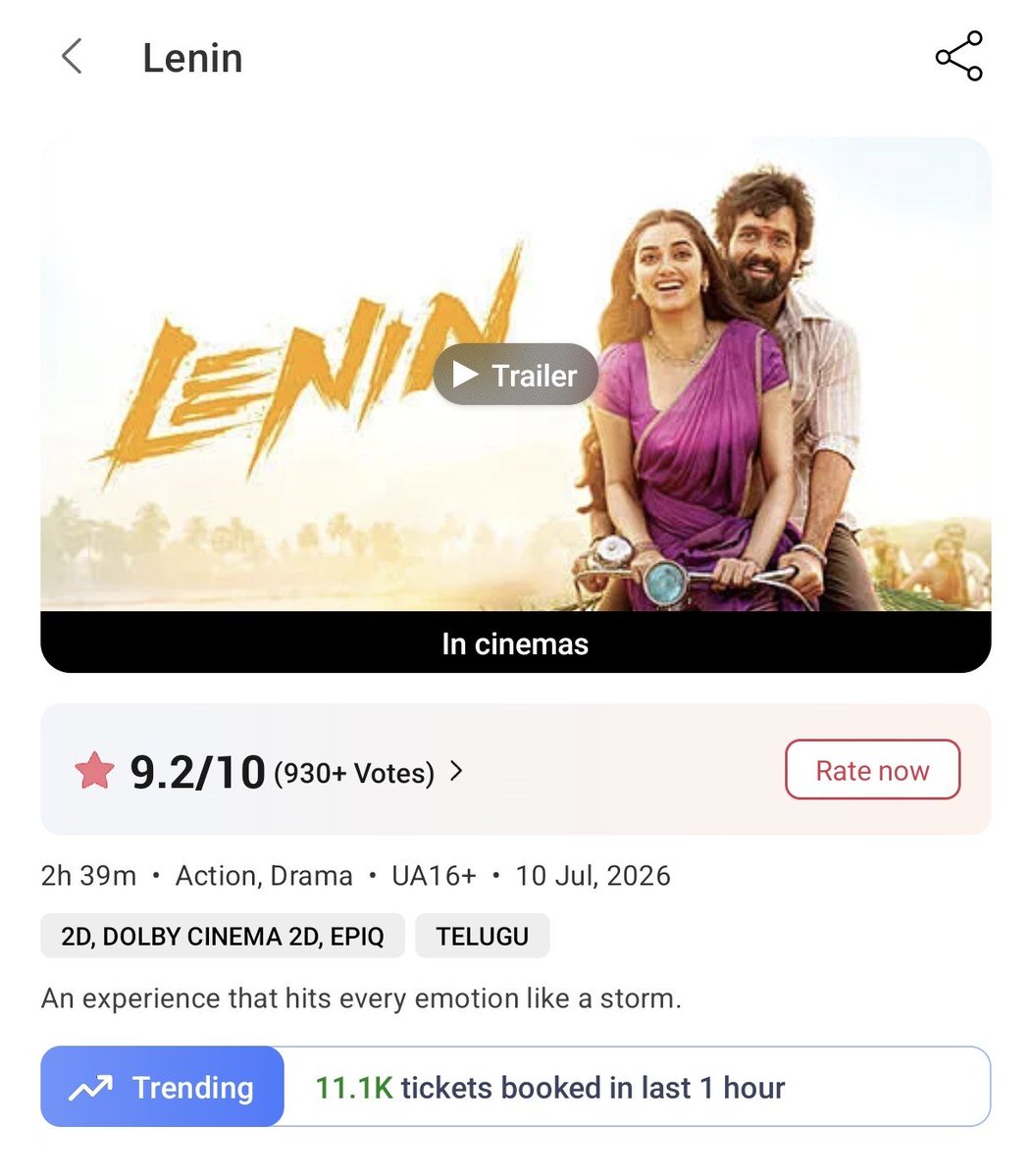 Gen_Movie_buff's tweet photo. 11.1k+ per hour trending 🔥🔥🔥💥💥
Ayyagari rampage 🤙🤙
Meeru shows count, theatres count penchadam lantivi cheyyara? @SitharaEnts @AnnapurnaStdios @lemonsprasad
#Lenin #BlockbusterLenin https://t.co/RCoIjml26f