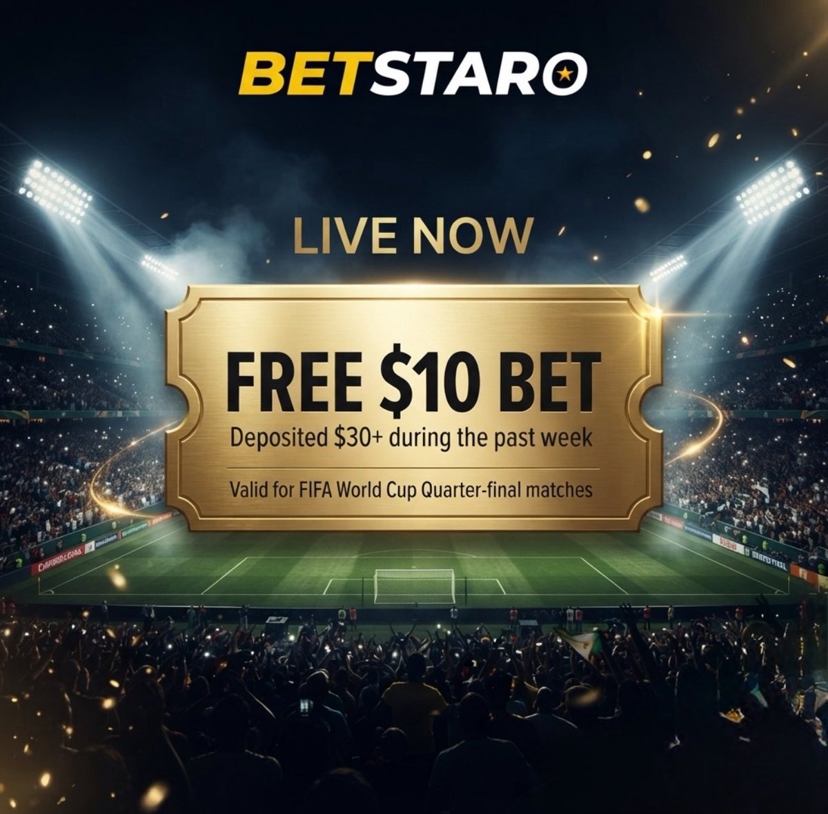 betstaro's tweet photo. 🎁 FREE $10 BET

LIVE NOW!

Deposited $30+ during the past week? You're eligible for a FREE $10 BET on the FIFA World Cup Quarter-finals. ⚽🏆

Don't miss your extra shot at the biggest matches.

T&amp;Cs apply. 18+ Play Responsibly.

#FIFAWorldCup #WorldCup2026 #BetStaro https://t.co/xJJ0js3q8h