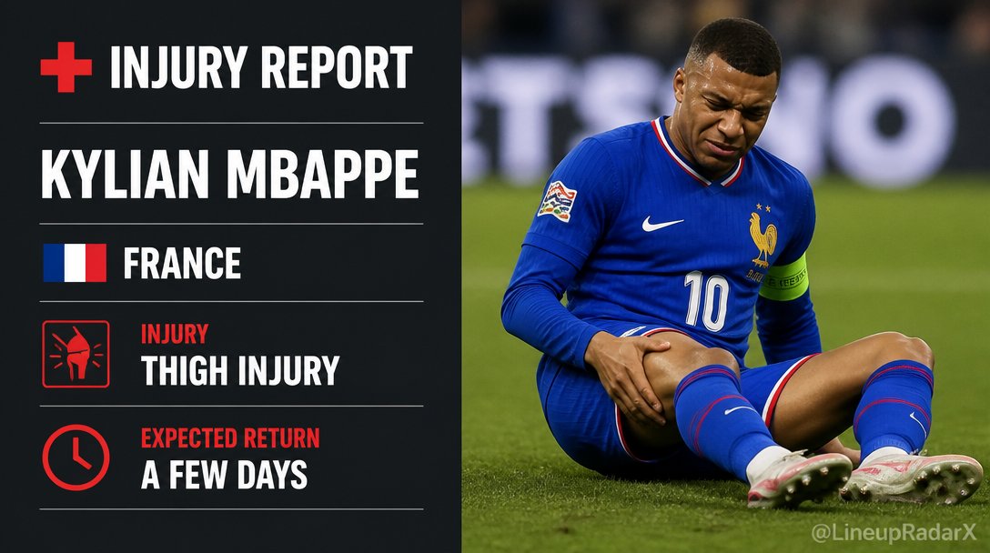 LineupRadarX's tweet photo. 👀 | Kylian Mbappe is dealing with a minor thigh injury but is expected to be back in action within a few days. France will be hoping to have their superstar forward fully fit as the World Cup continues! #FRA #WorldCup https://t.co/iEhmQ3UdJu