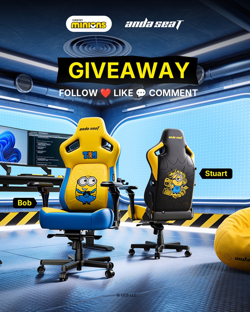 andaseatchair's tweet photo. Minions are taking over your gaming setup. 🍌
Two iconic looks. One lucky winner.
We’re giving away ONE of our brand new collab gaming chairs.

To enter:
1. Follow @andaseatchair  
2. Like this post
3. Comment: Which one would you pick – Bob Edition or Stuart Edition? (Why 💬)
✨ Bonus entry: Tag friends who need an upgrade.

🗓 Winner announced in the caption of this post on July 22.

#minions #andaseat #gamer #gamingchair #giveaway #ergonomics