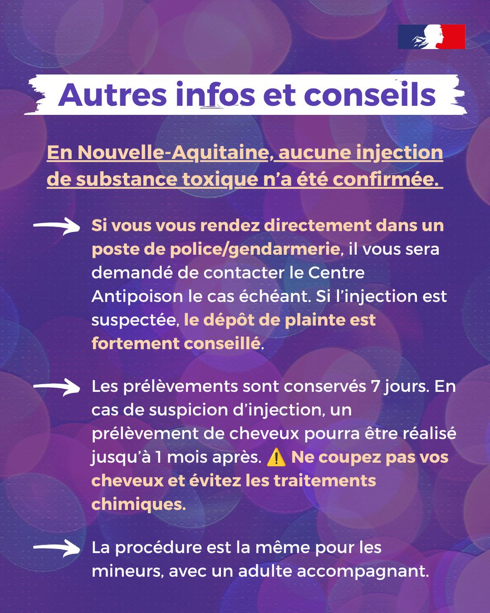 ARS_NAquit's tweet photo. #Prévention   |🛑 Piqûres malveillantes : que faire en cas de suspicion ? À ce jour, aucune injection de substance toxique n’a été confirmée dans la région.

ℹ Plus d’infos : https://t.co/qrs6HJalEL

@PrefAquitaine33 @PoliceNat33 @PoliceNationale   @Gendarmerie @CHUBordeaux https://t.co/6mCButXFav